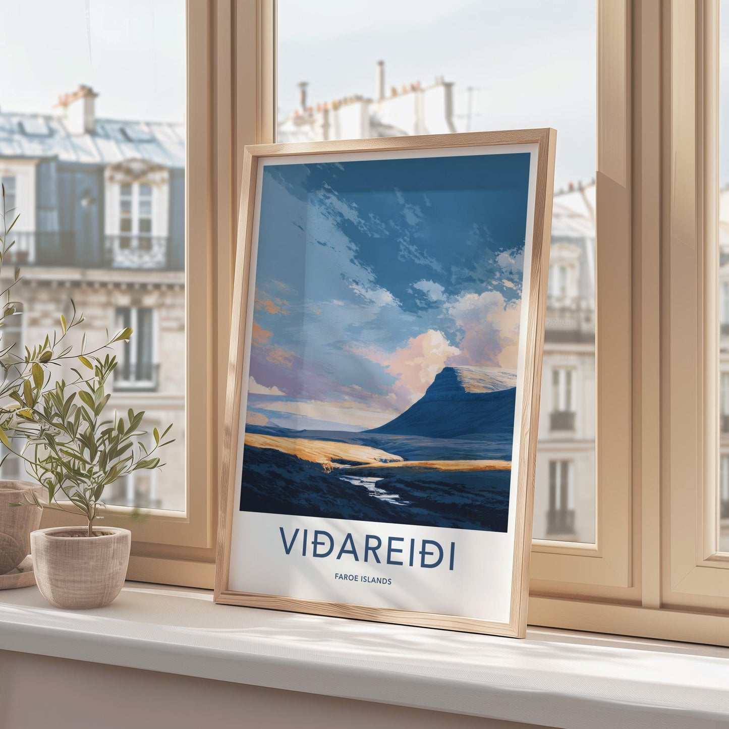 Vidareidi Poster - Faroe Islands Travel Art - Vivid Mountain Stream Wall Decor