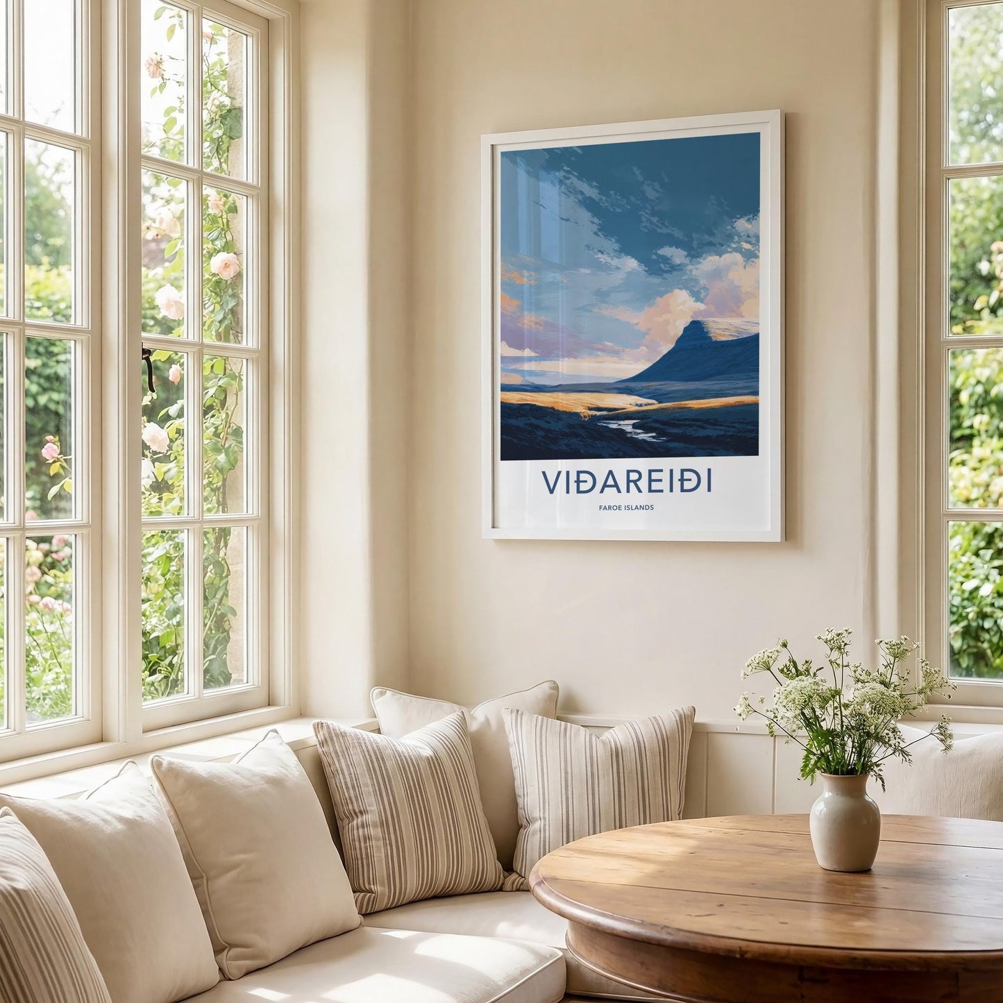 Vidareidi Poster - Faroe Islands Travel Art - Vivid Mountain Stream Wall Decor