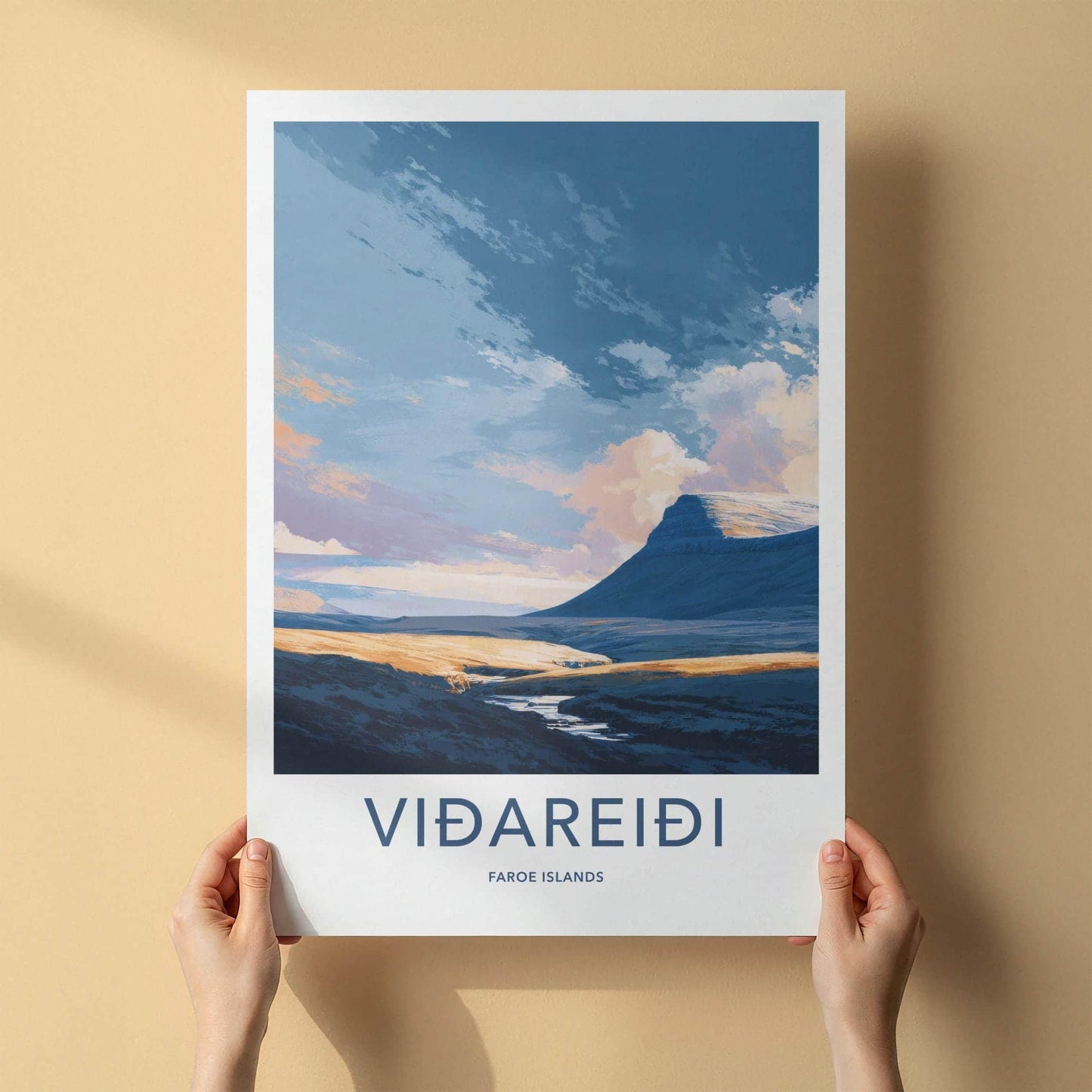 Vidareidi Poster - Faroe Islands Travel Art - Vivid Mountain Stream Wall Decor