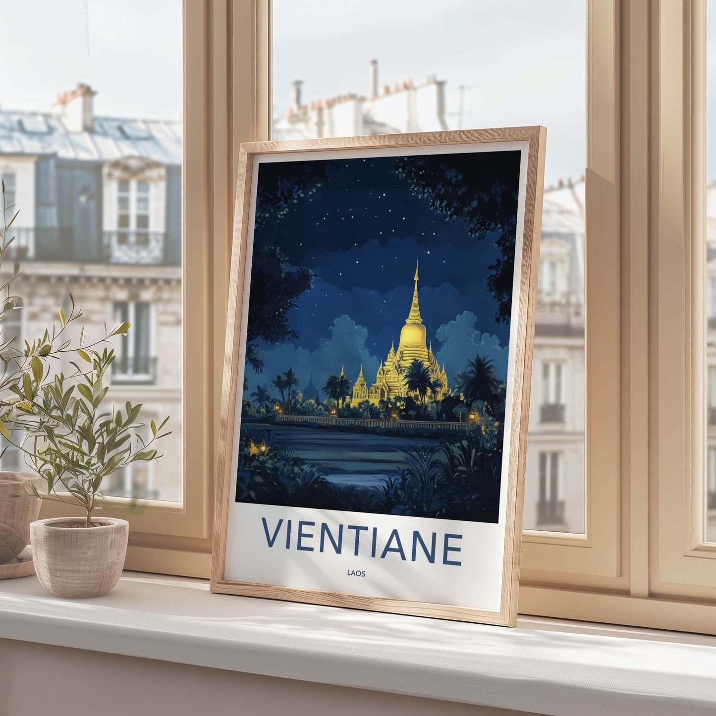 Vientiane Poster - Laos Travel Art - Glowing Pagoda Night Home Decor