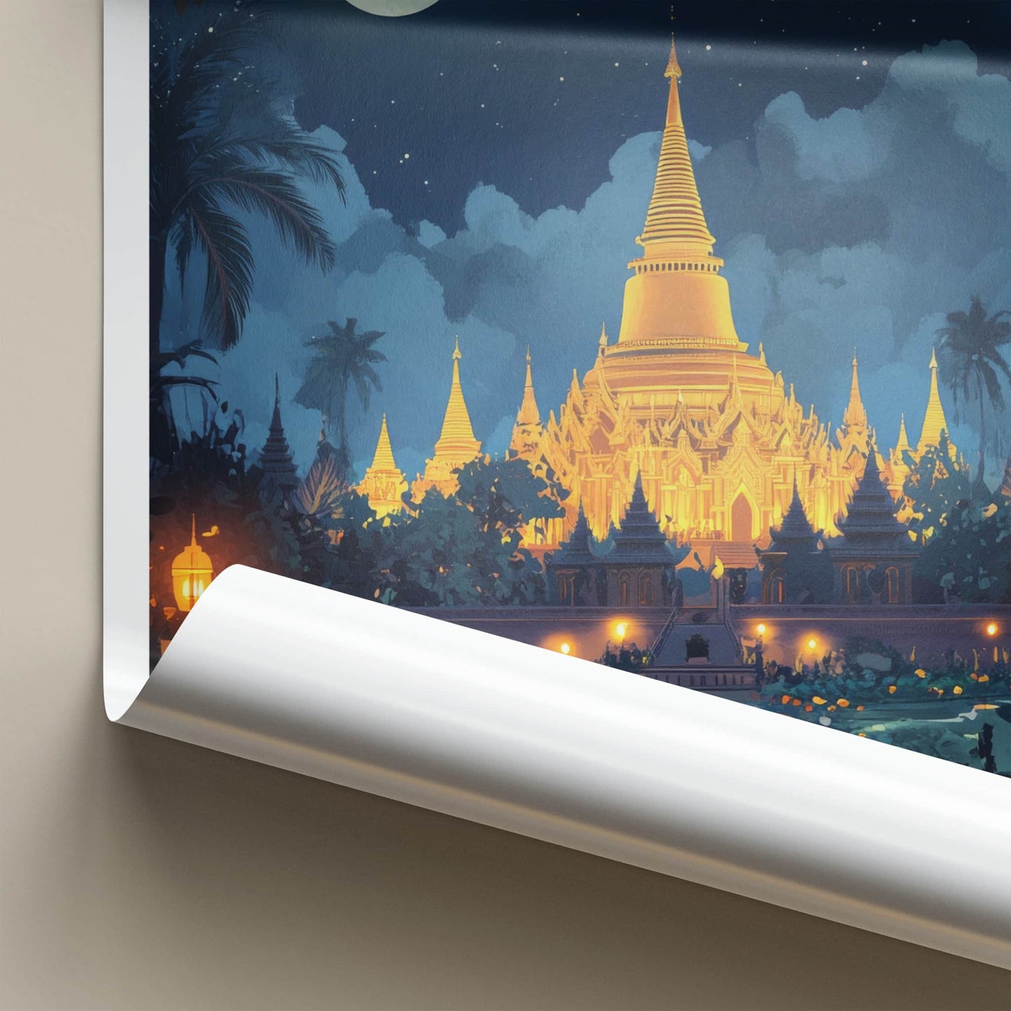 Vientiane Poster - Laos Travel Art - Golden Temple Moonlit Home Decor