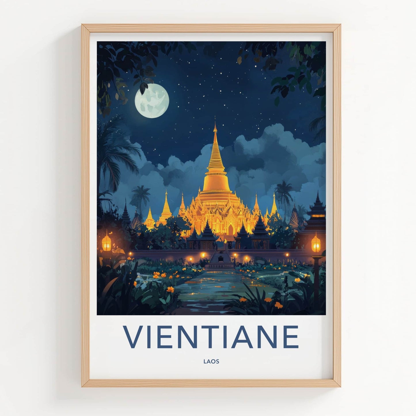Vientiane Poster - Laos Travel Art - Golden Temple Moonlit Home Decor