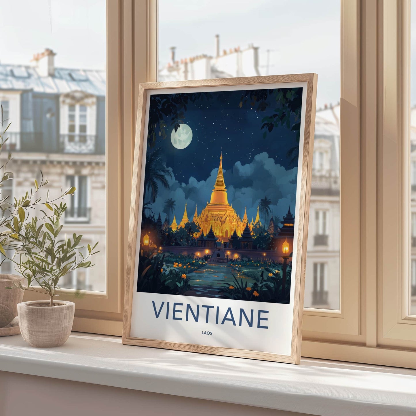Vientiane Poster - Laos Travel Art - Golden Temple Moonlit Home Decor