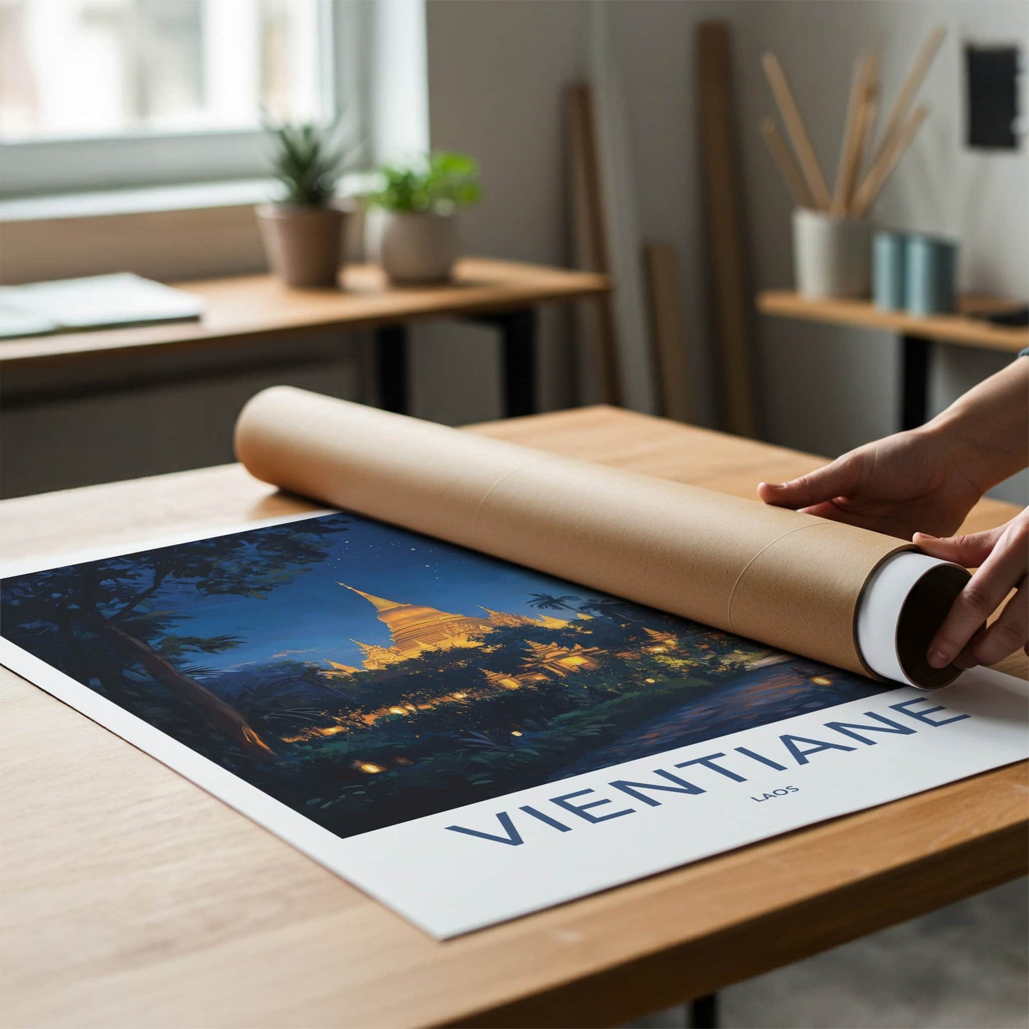 Vientiane Poster - Laos Travel Art - Lush Tropical Pagoda Wall Decor