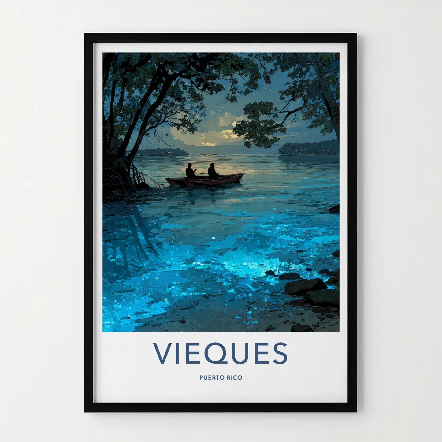 Vieques Poster - Puerto Rico Travel Art - Bioluminescent Water Boat Home Decor