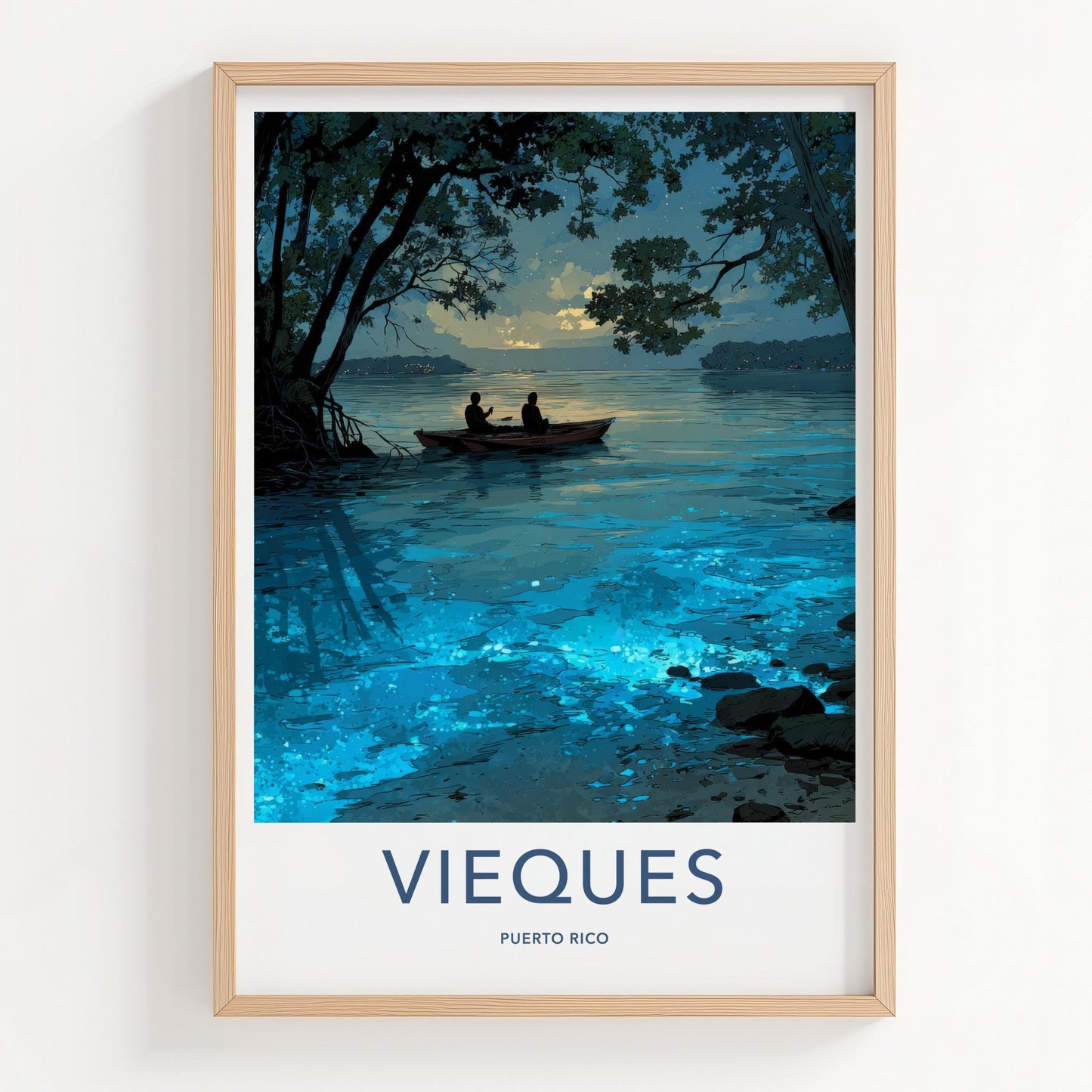 Vieques Poster - Puerto Rico Travel Art - Bioluminescent Water Boat Home Decor
