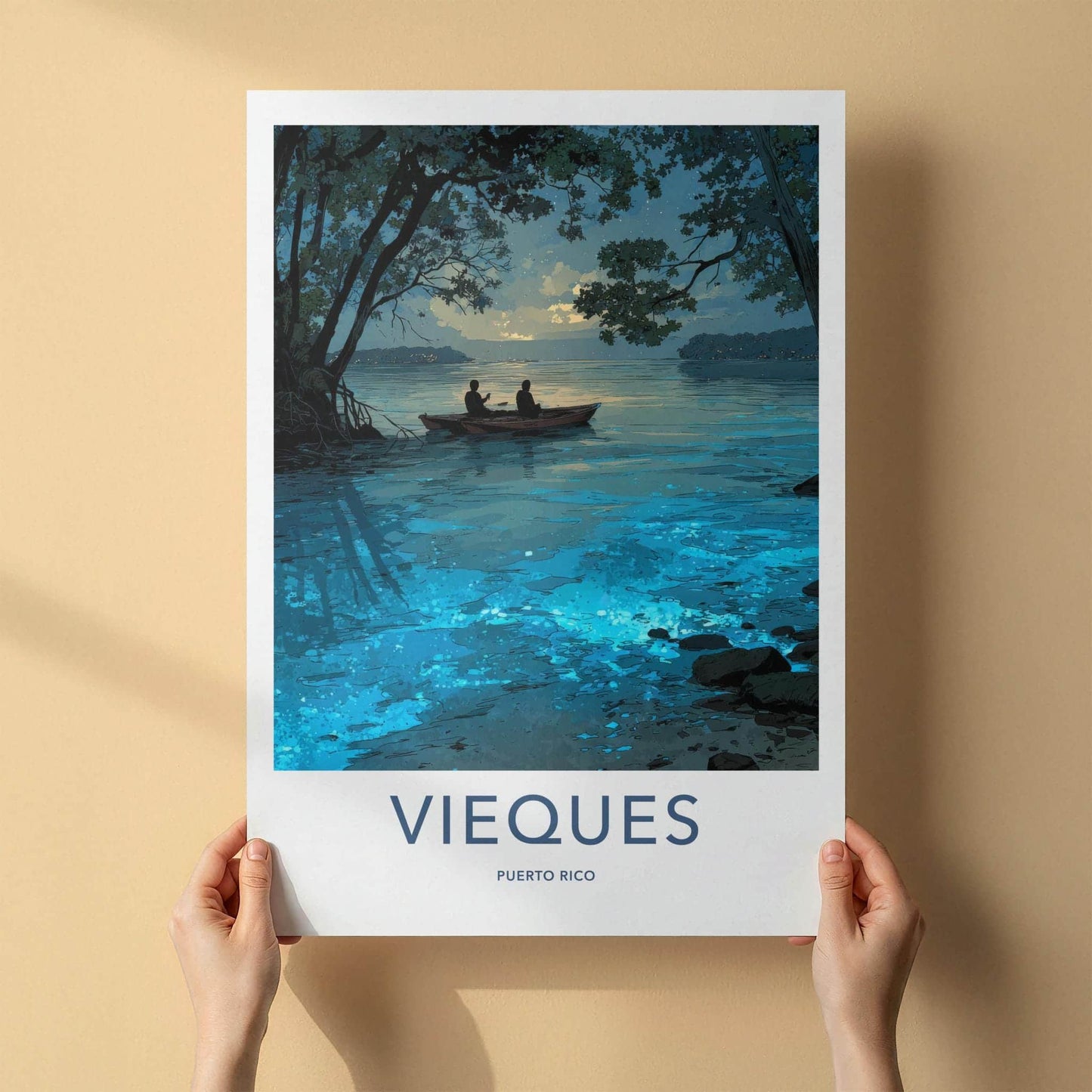 Vieques Poster - Puerto Rico Travel Art - Bioluminescent Water Boat Home Decor