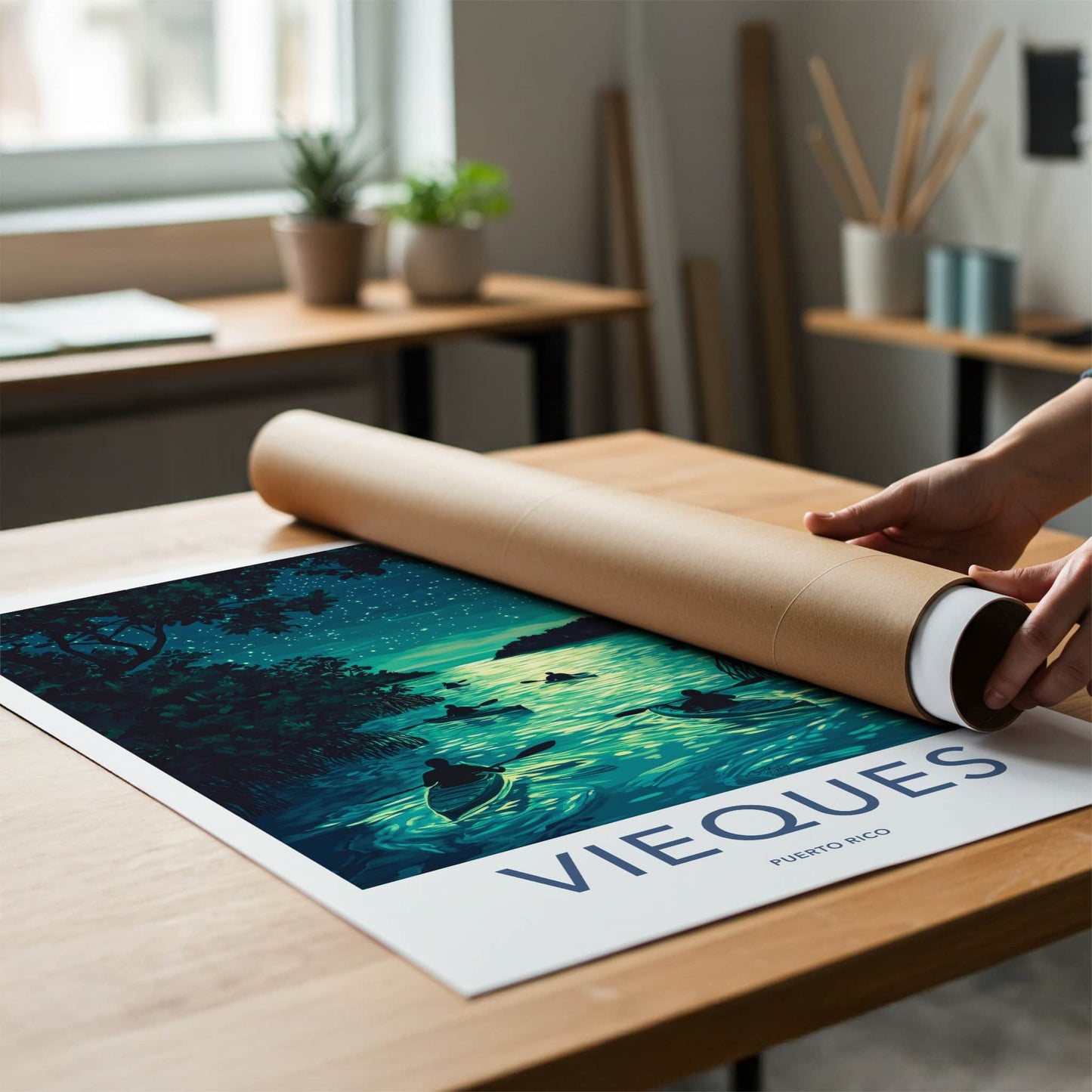 Vieques Poster - Puerto Rico Travel Art - Bioluminescent Water Kayak Wall Decor