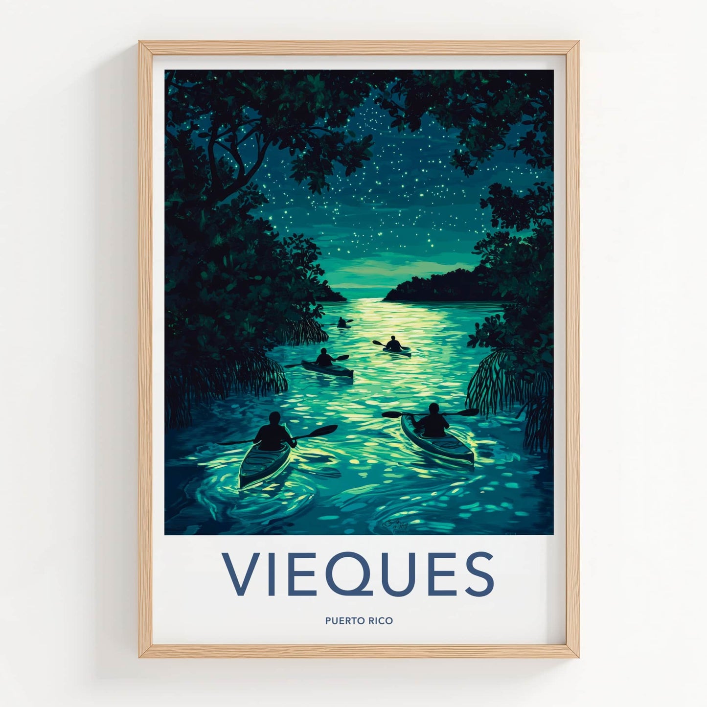 Vieques Poster - Puerto Rico Travel Art - Bioluminescent Water Kayak Wall Decor