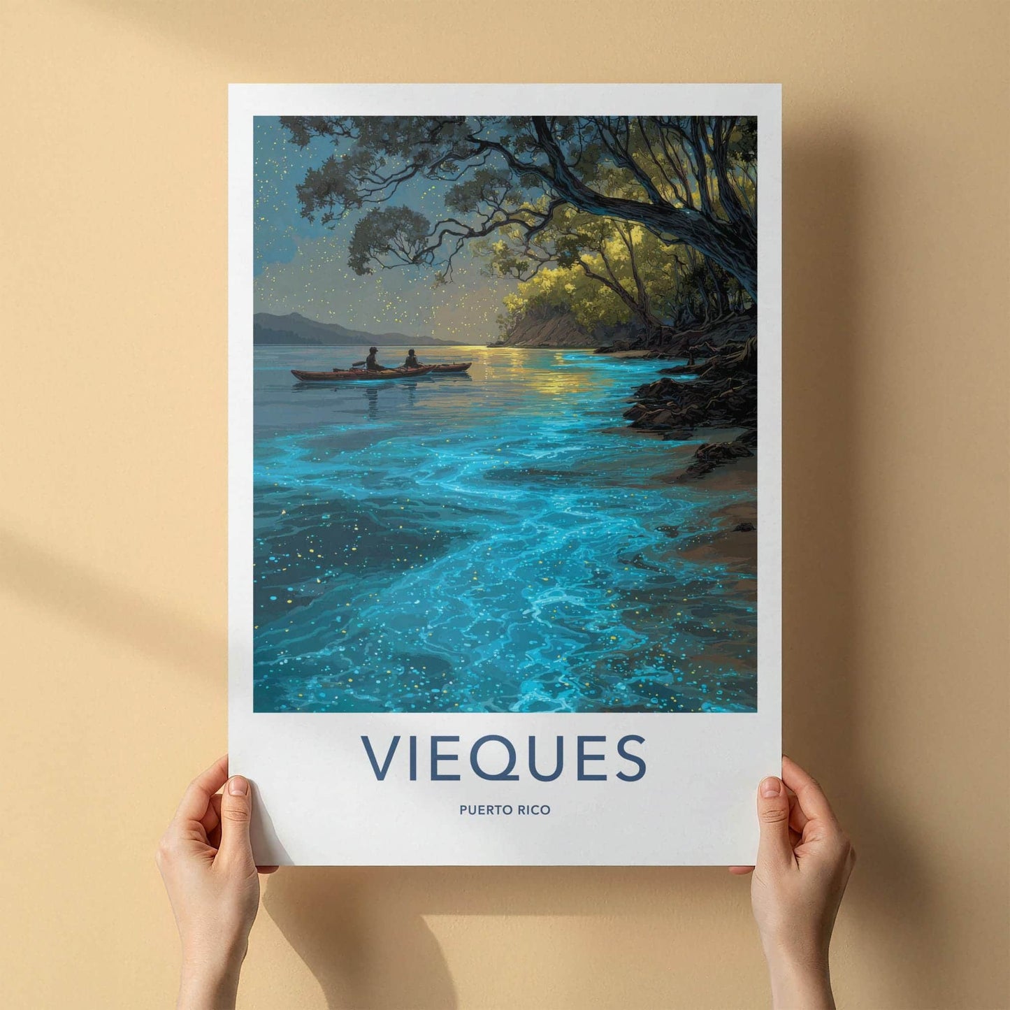 Vieques Poster - Puerto Rico Travel Art - Glowing Kayak Lagoon Home Decor
