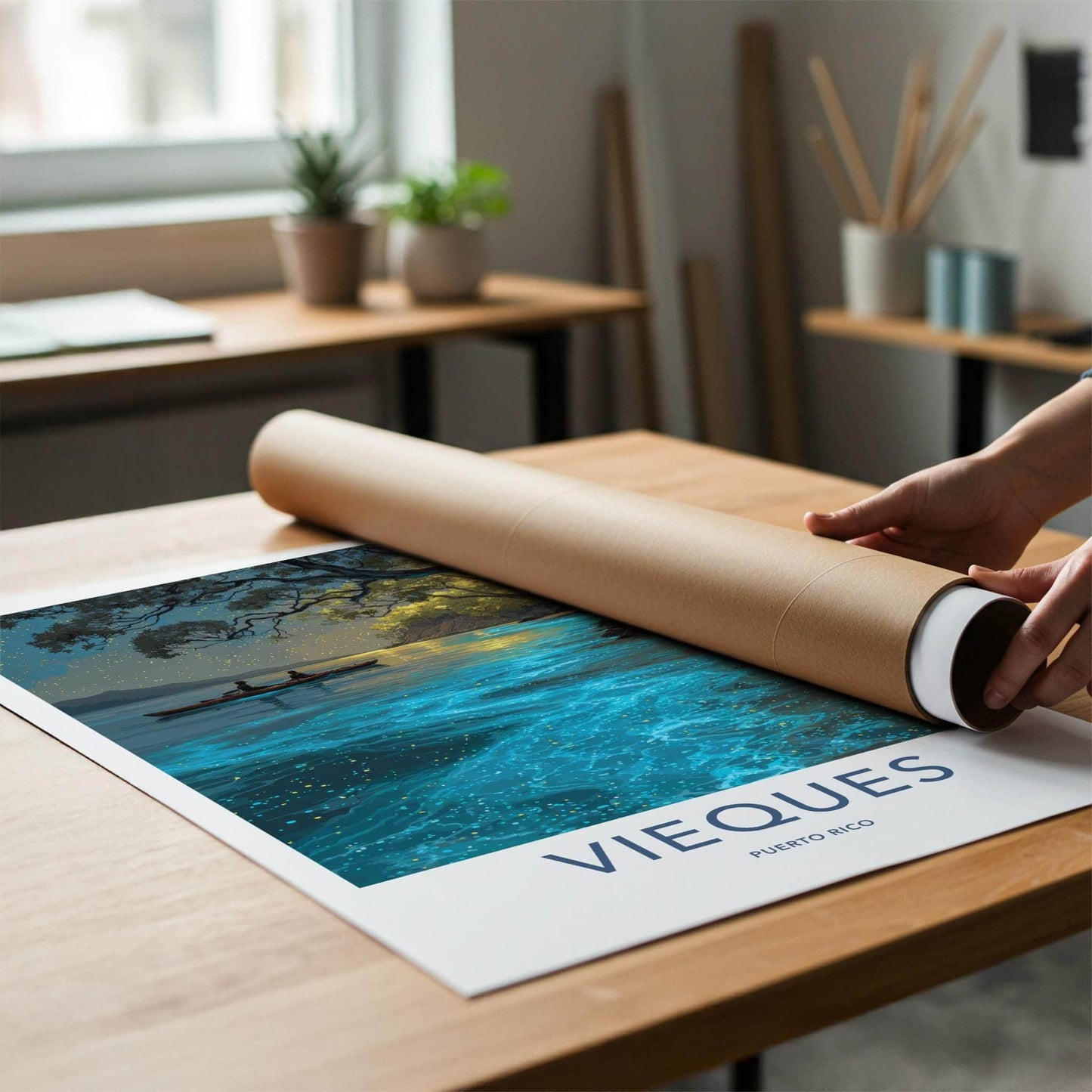 Vieques Poster - Puerto Rico Travel Art - Glowing Kayak Lagoon Home Decor