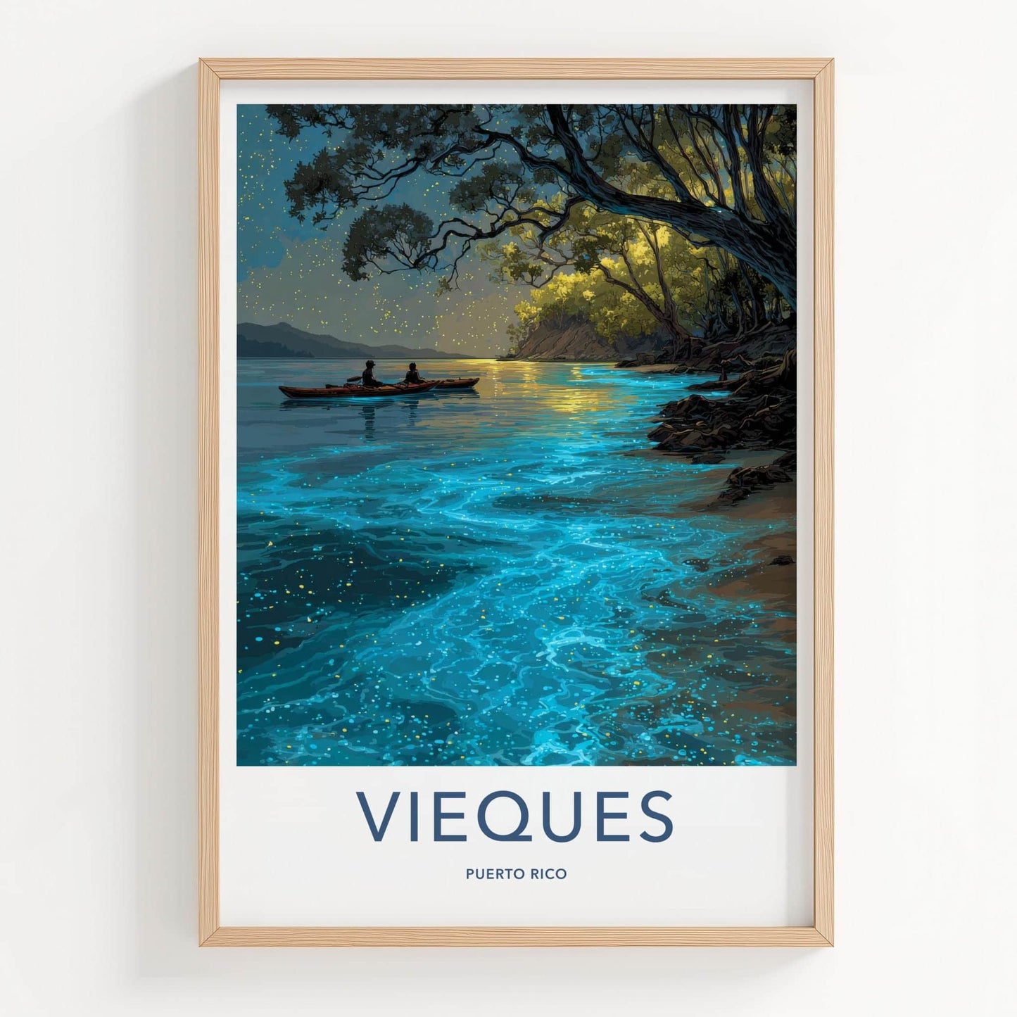 Vieques Poster - Puerto Rico Travel Art - Glowing Kayak Lagoon Home Decor