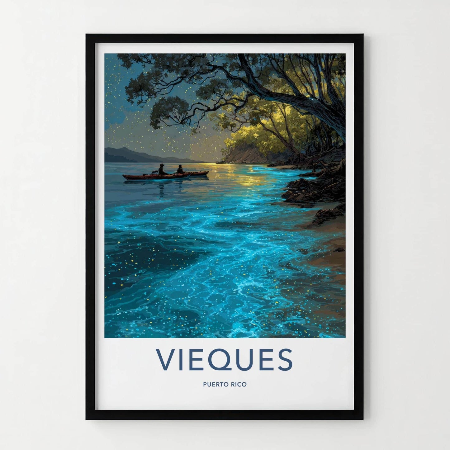 Vieques Poster - Puerto Rico Travel Art - Glowing Kayak Lagoon Home Decor