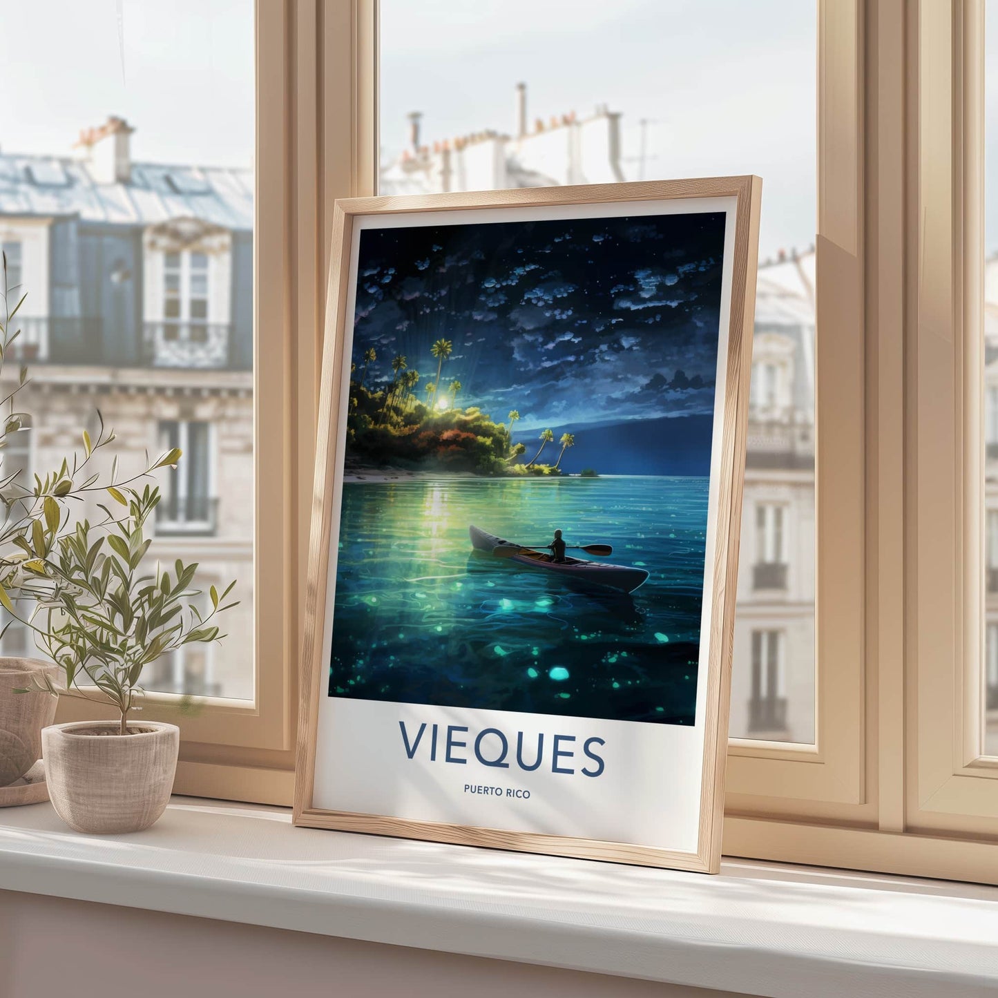 Vieques Poster - Puerto Rico Travel Art - Moonlit Island Paddle Home Decor