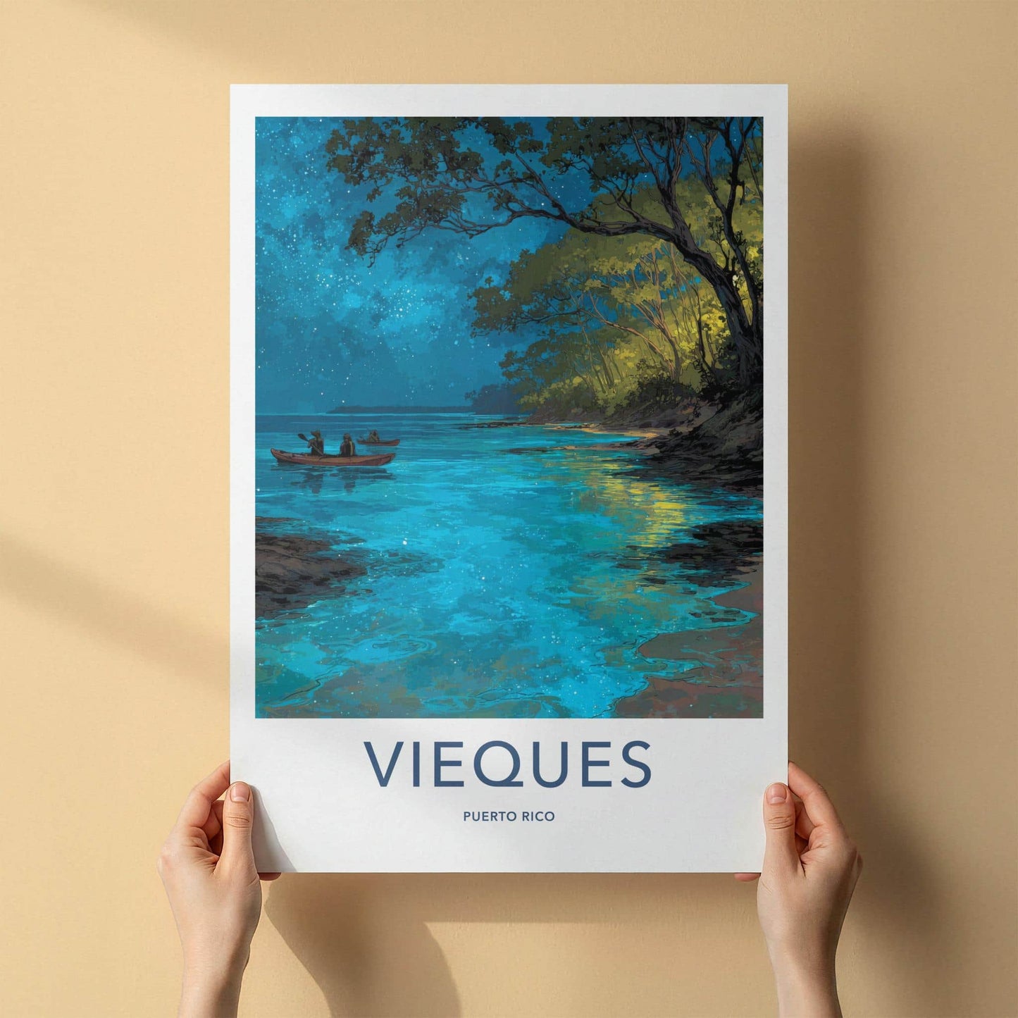 Vieques Poster - Puerto Rico Travel Art - Starry Water Kayak Home Decor