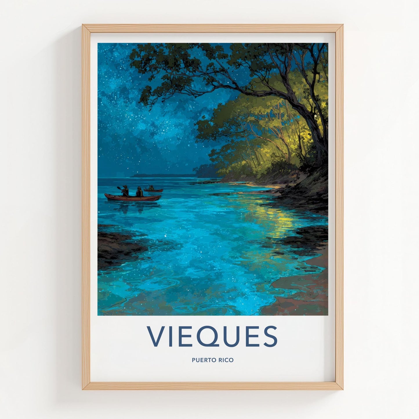 Vieques Poster - Puerto Rico Travel Art - Starry Water Kayak Home Decor