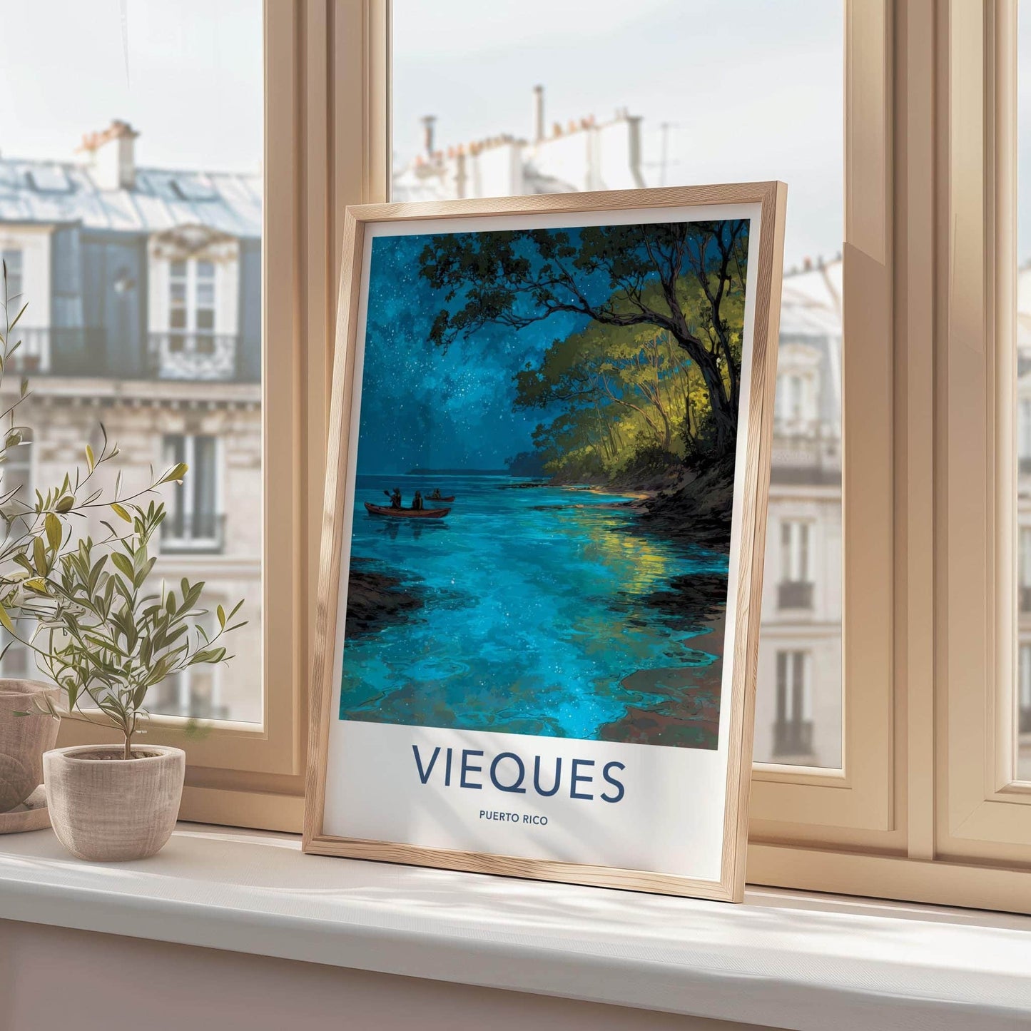 Vieques Poster - Puerto Rico Travel Art - Starry Water Kayak Home Decor