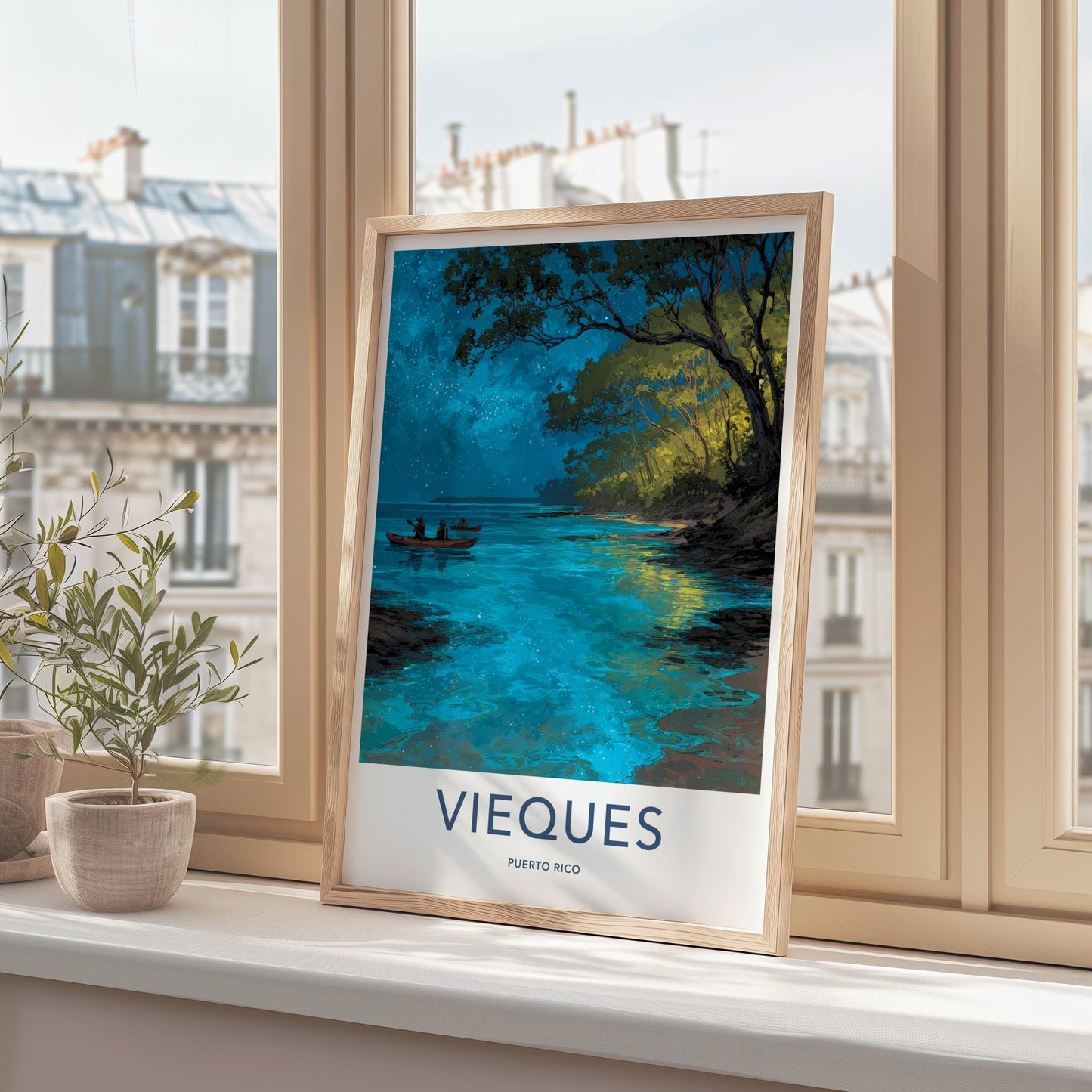 Vieques Poster - Puerto Rico Travel Art - Starry Water Kayak Home Decor