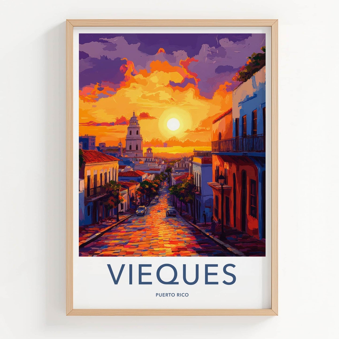 Vieques Poster - Puerto Rico Travel Art - Vibrant Street Sunset Home Decor