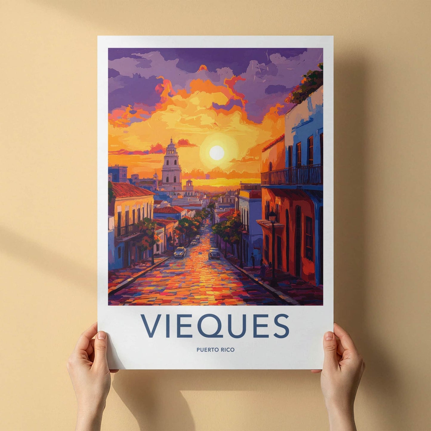 Vieques Poster - Puerto Rico Travel Art - Vibrant Street Sunset Home Decor