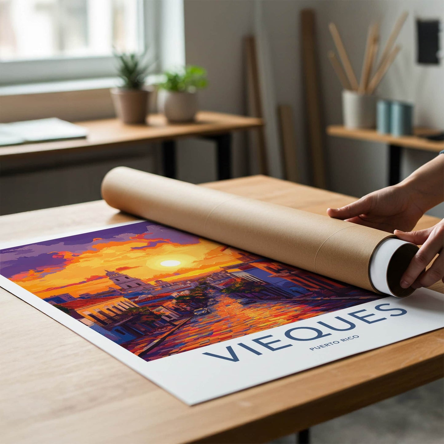 Vieques Poster - Puerto Rico Travel Art - Vibrant Street Sunset Home Decor