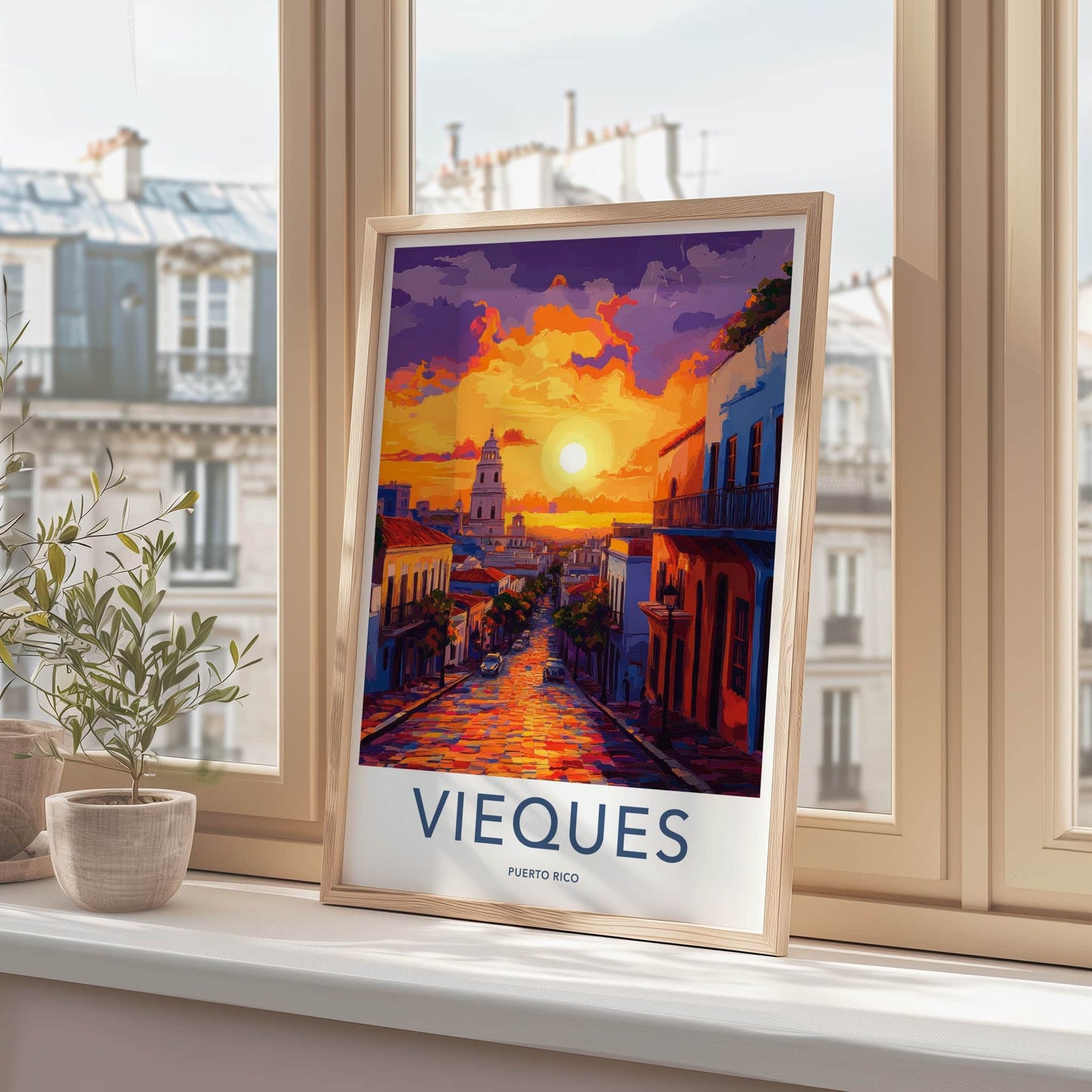 Vieques Poster - Puerto Rico Travel Art - Vibrant Street Sunset Home Decor