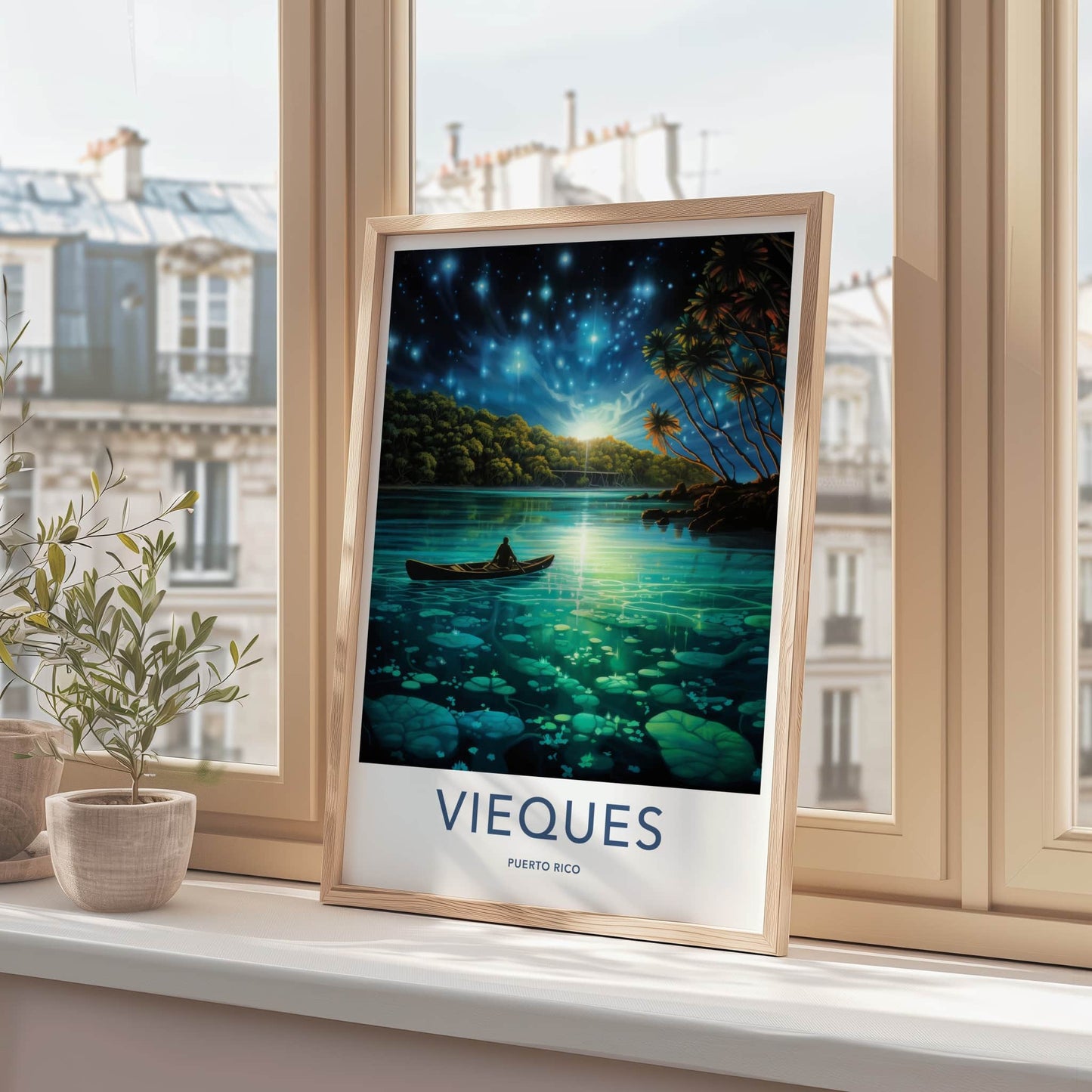 Vieques Poster - Puerto Rico Wall Art - Bioluminescent Bay Canoe Home Decor