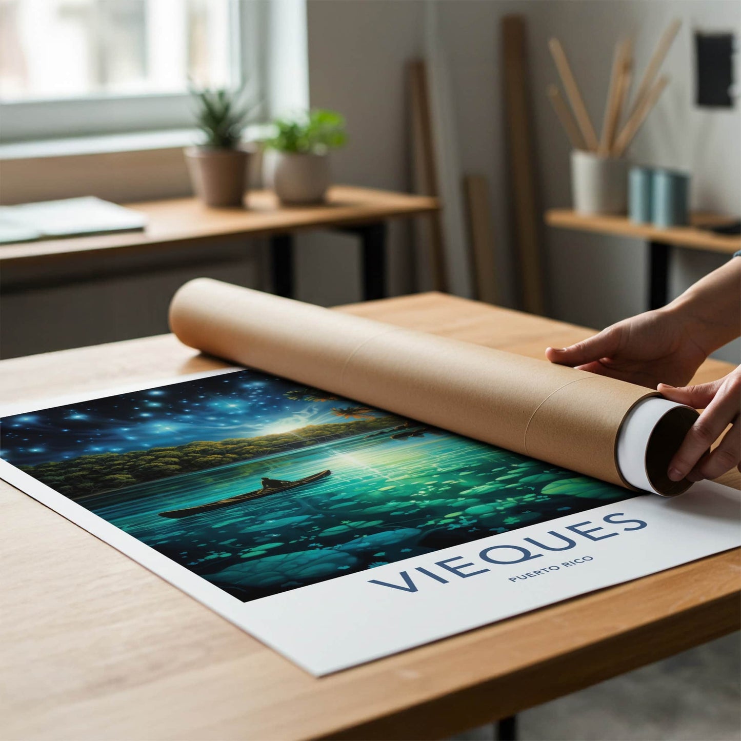 Vieques Poster - Puerto Rico Wall Art - Bioluminescent Bay Canoe Home Decor