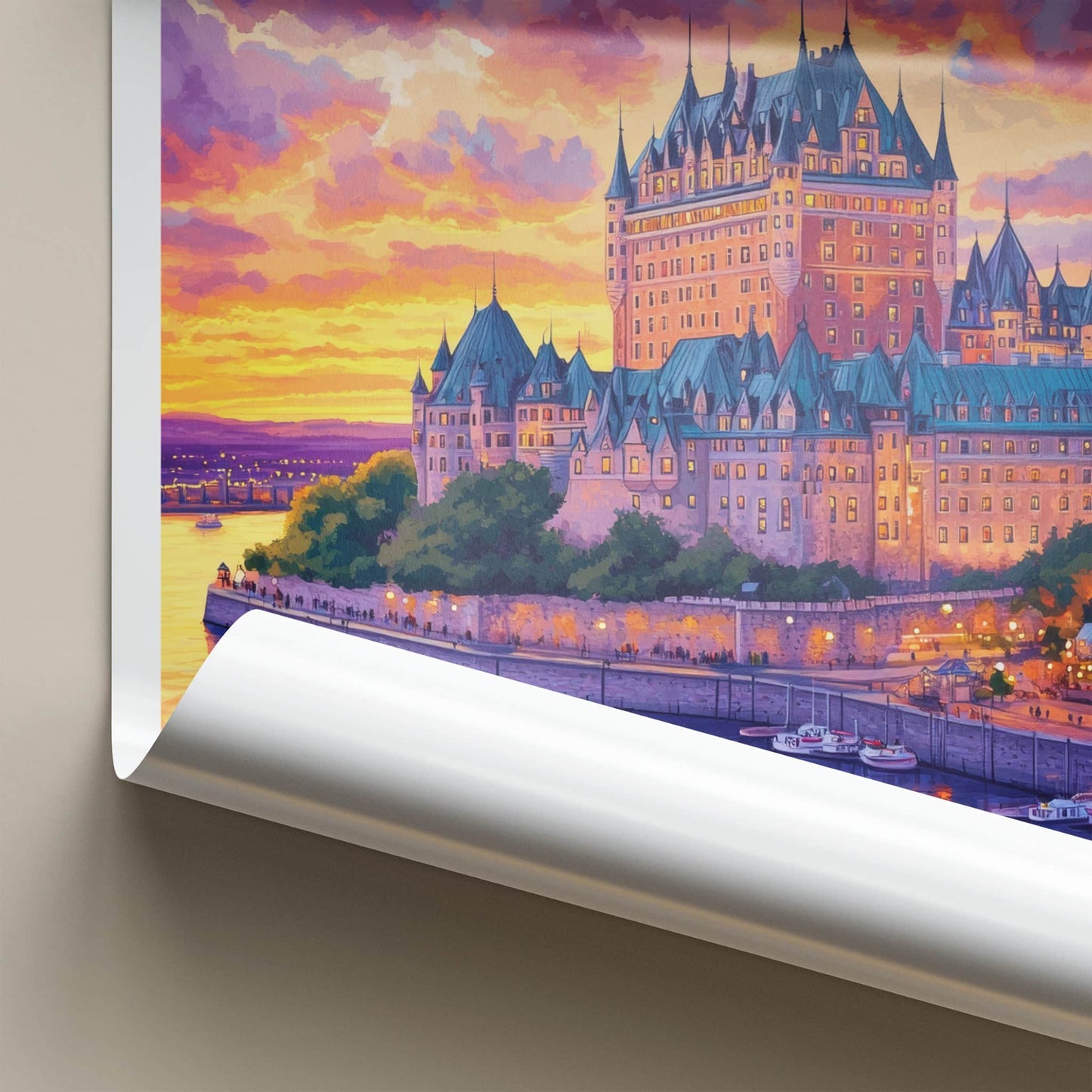Vieux Quebec Poster - Canada Travel Art - Vibrant Castle Sunset Home Decor