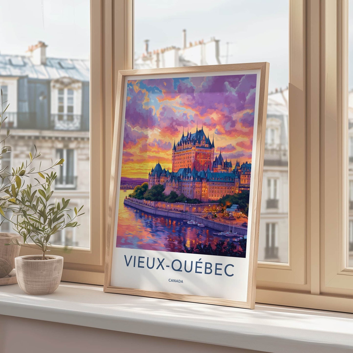 Vieux Quebec Poster - Canada Travel Art - Vibrant Castle Sunset Home Decor