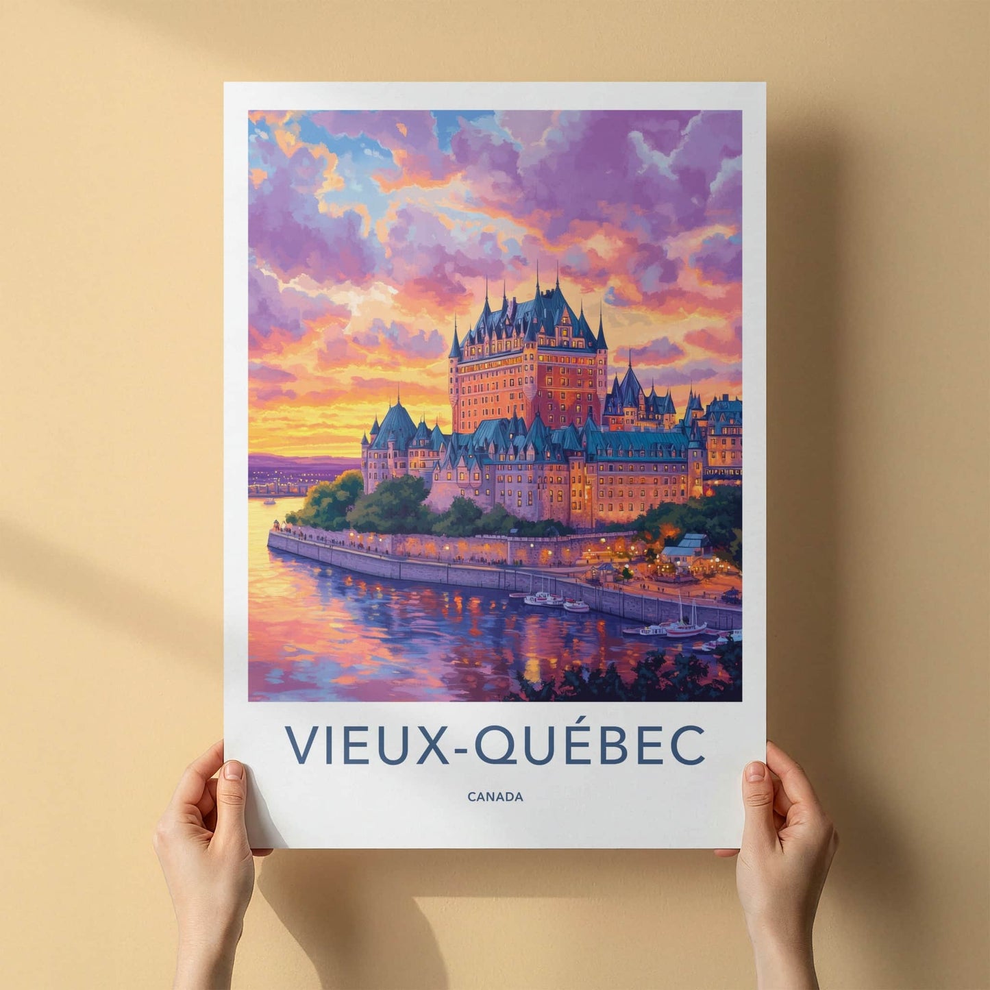Vieux Quebec Poster - Canada Travel Art - Vibrant Castle Sunset Home Decor