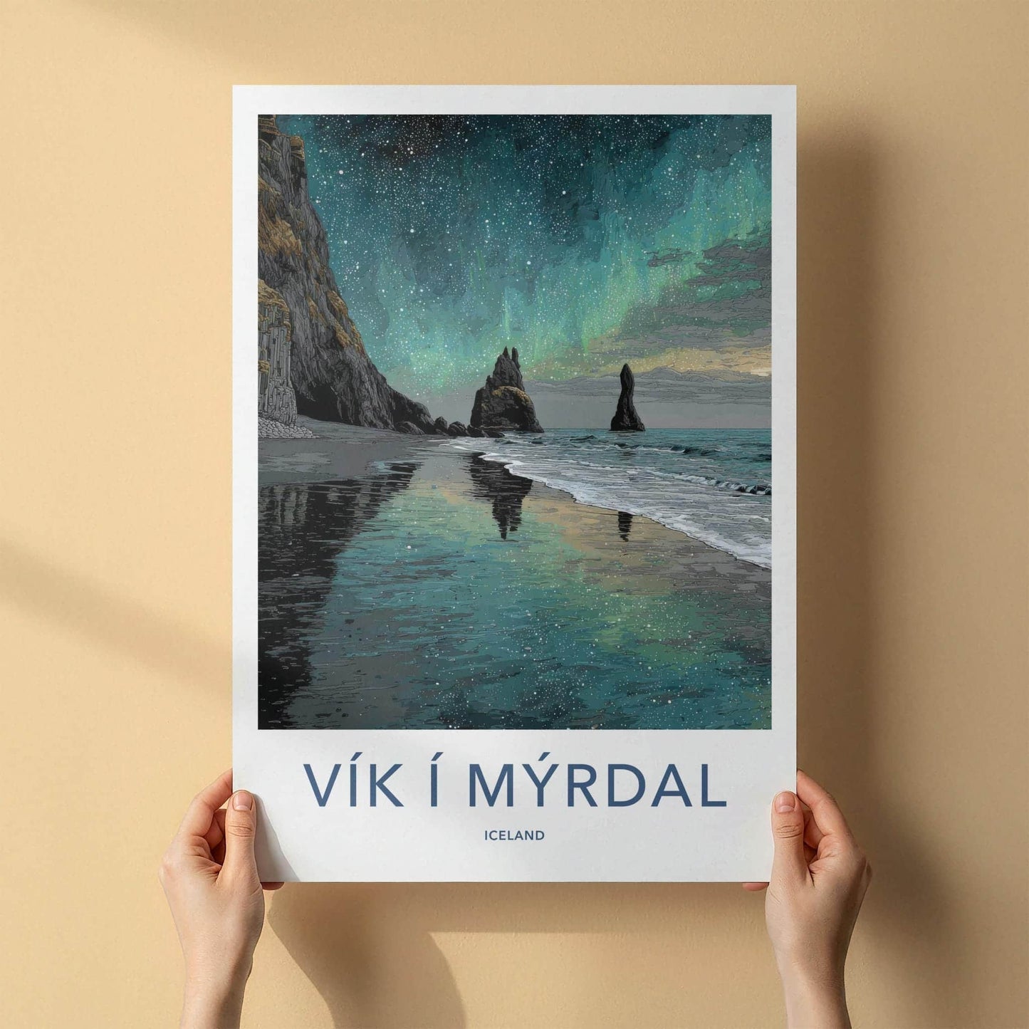Vik i Myrdal Poster - Iceland Travel Art - Aurora Beach Stacks Home Decor