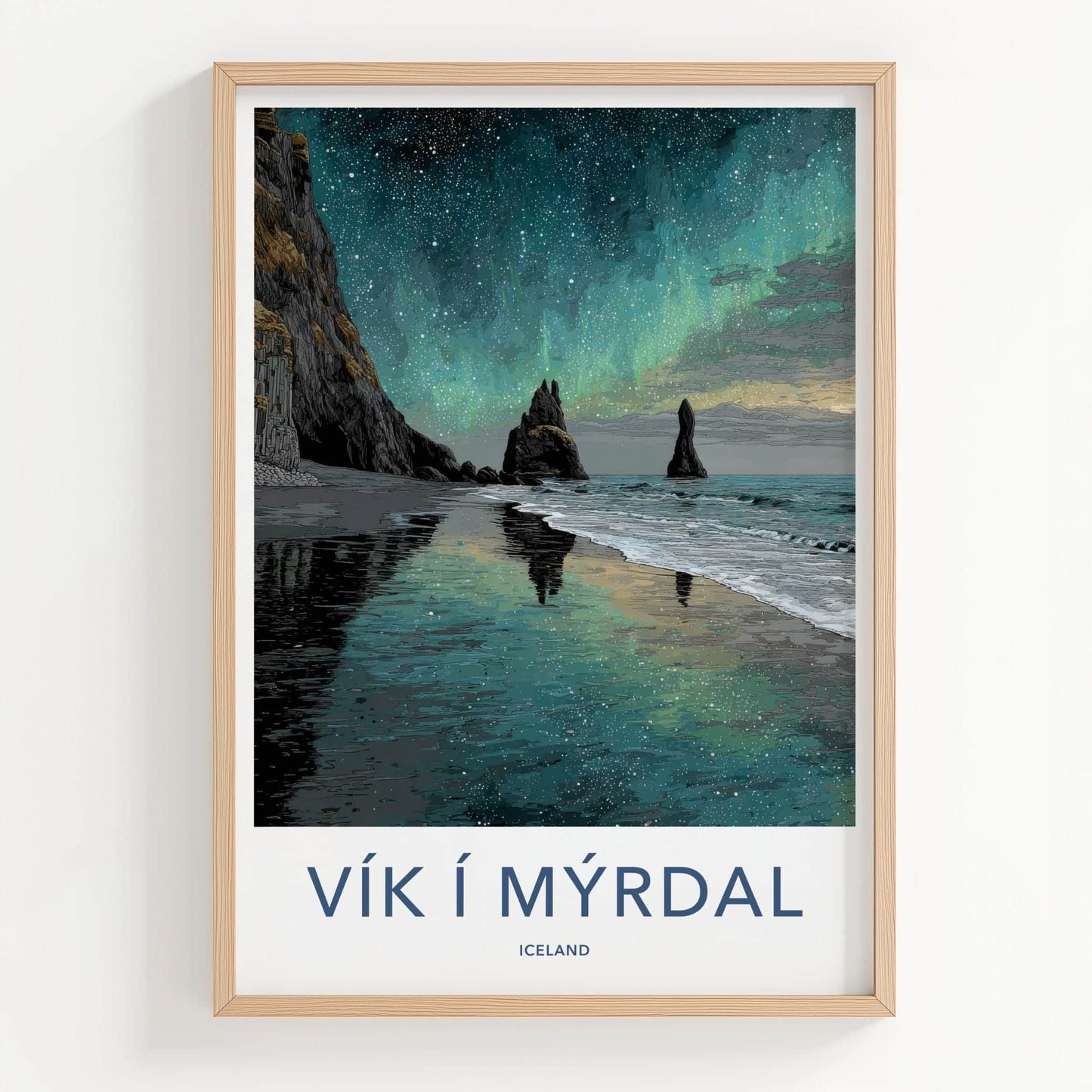 Vik i Myrdal Poster - Iceland Travel Art - Aurora Beach Stacks Home Decor