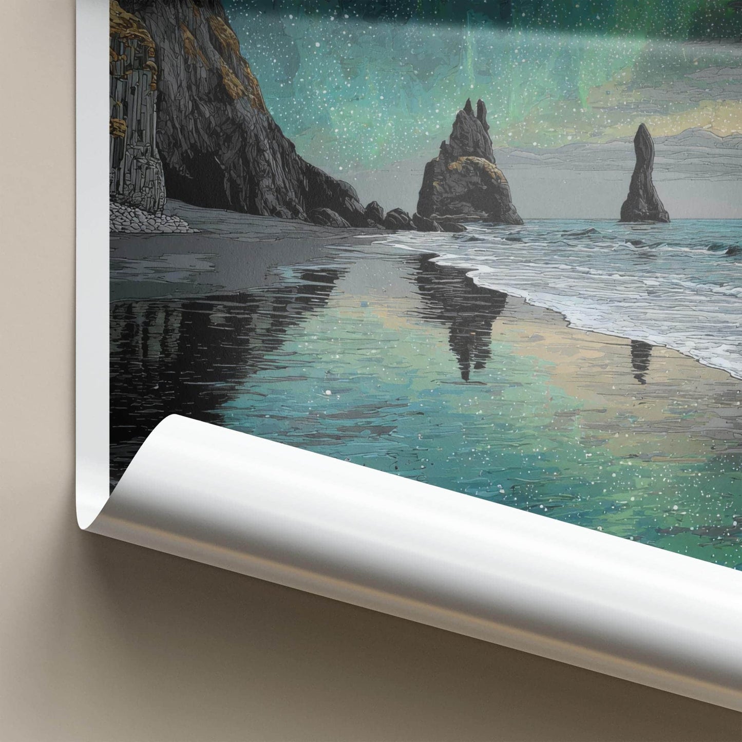 Vik i Myrdal Poster - Iceland Travel Art - Aurora Beach Stacks Home Decor