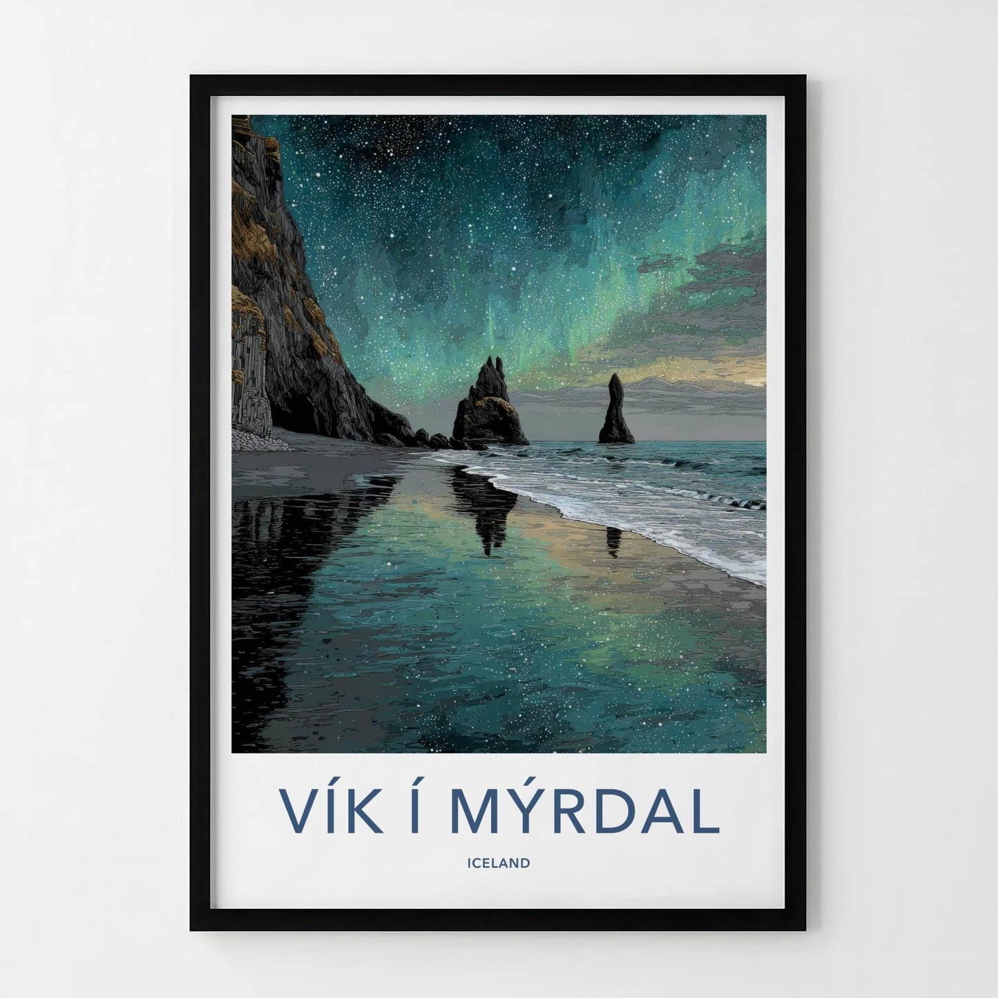 Vik i Myrdal Poster - Iceland Travel Art - Aurora Beach Stacks Home Decor