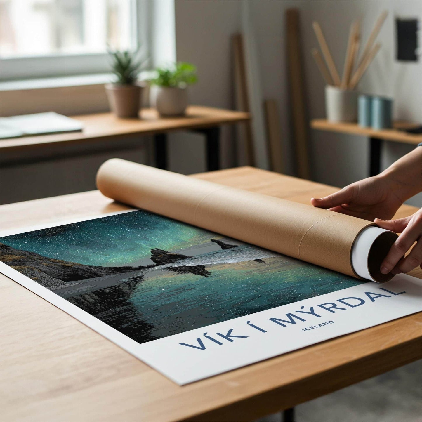 Vik i Myrdal Poster - Iceland Travel Art - Aurora Beach Stacks Home Decor