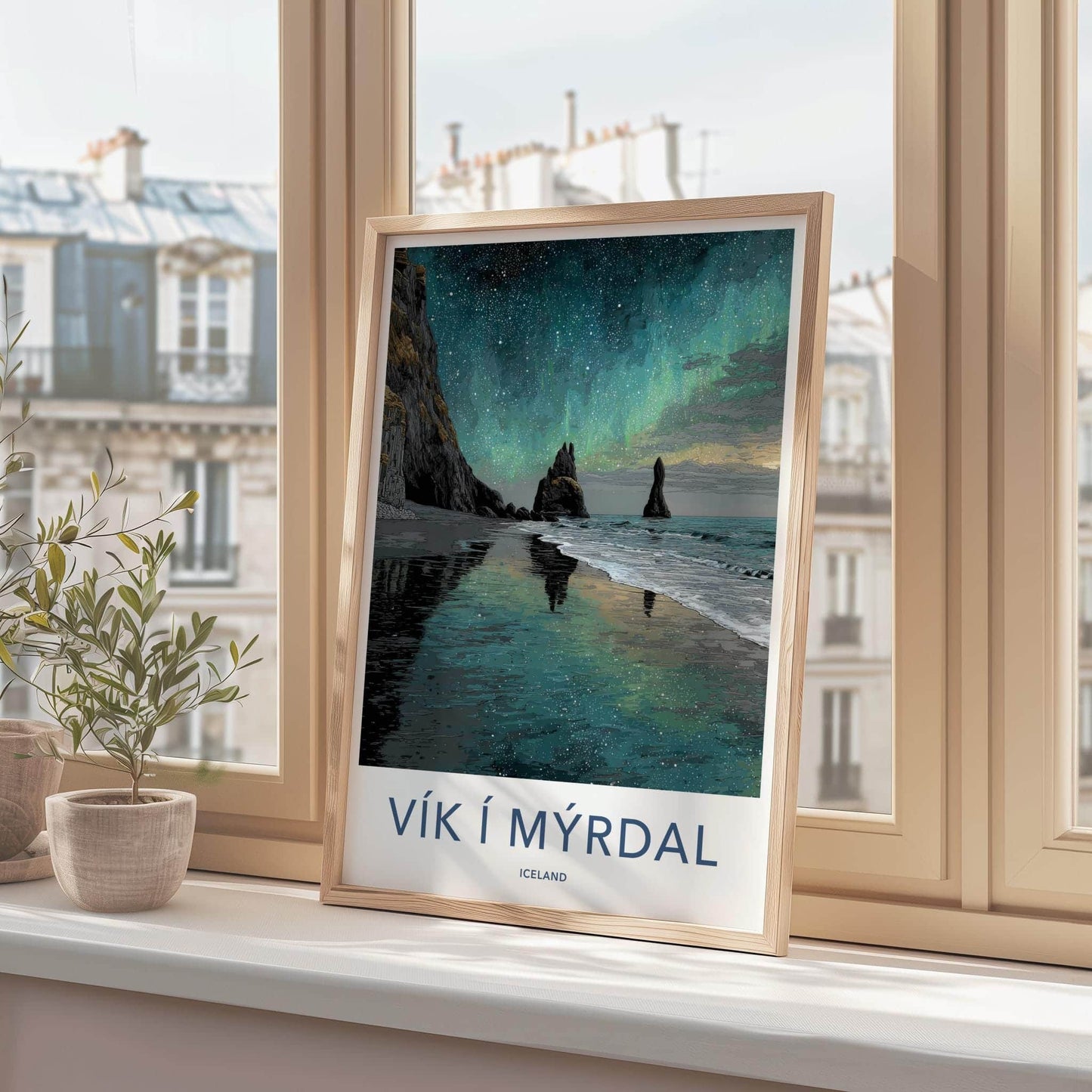 Vik i Myrdal Poster - Iceland Travel Art - Aurora Beach Stacks Home Decor