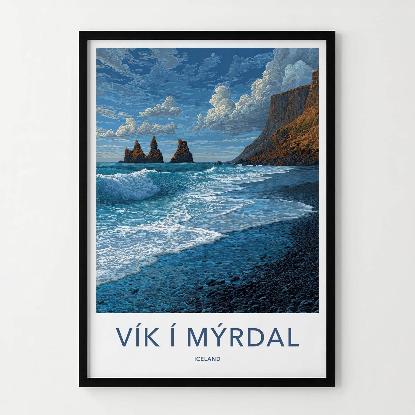 Vik I Myrdal Poster - Iceland Travel Art - Black Beach Sea Stacks Wall Decor