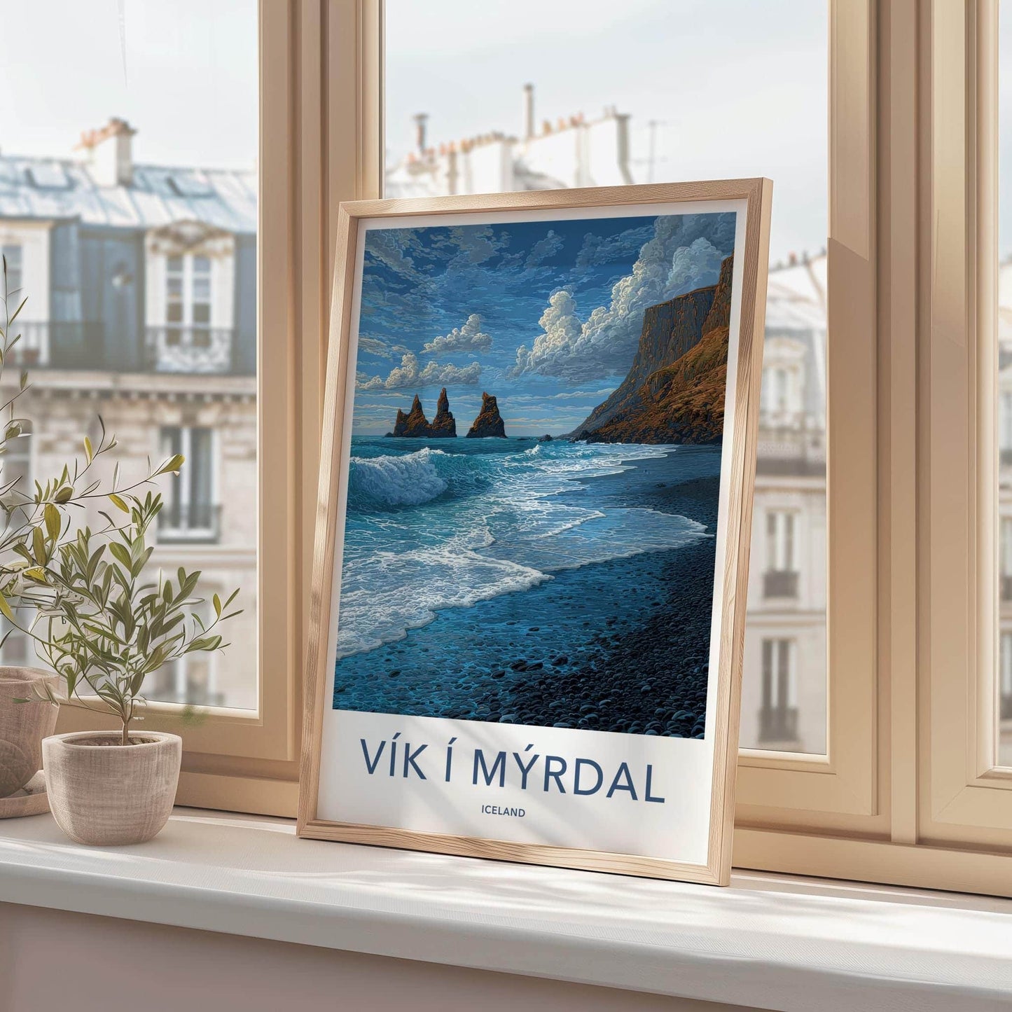 Vik I Myrdal Poster - Iceland Travel Art - Black Beach Sea Stacks Wall Decor