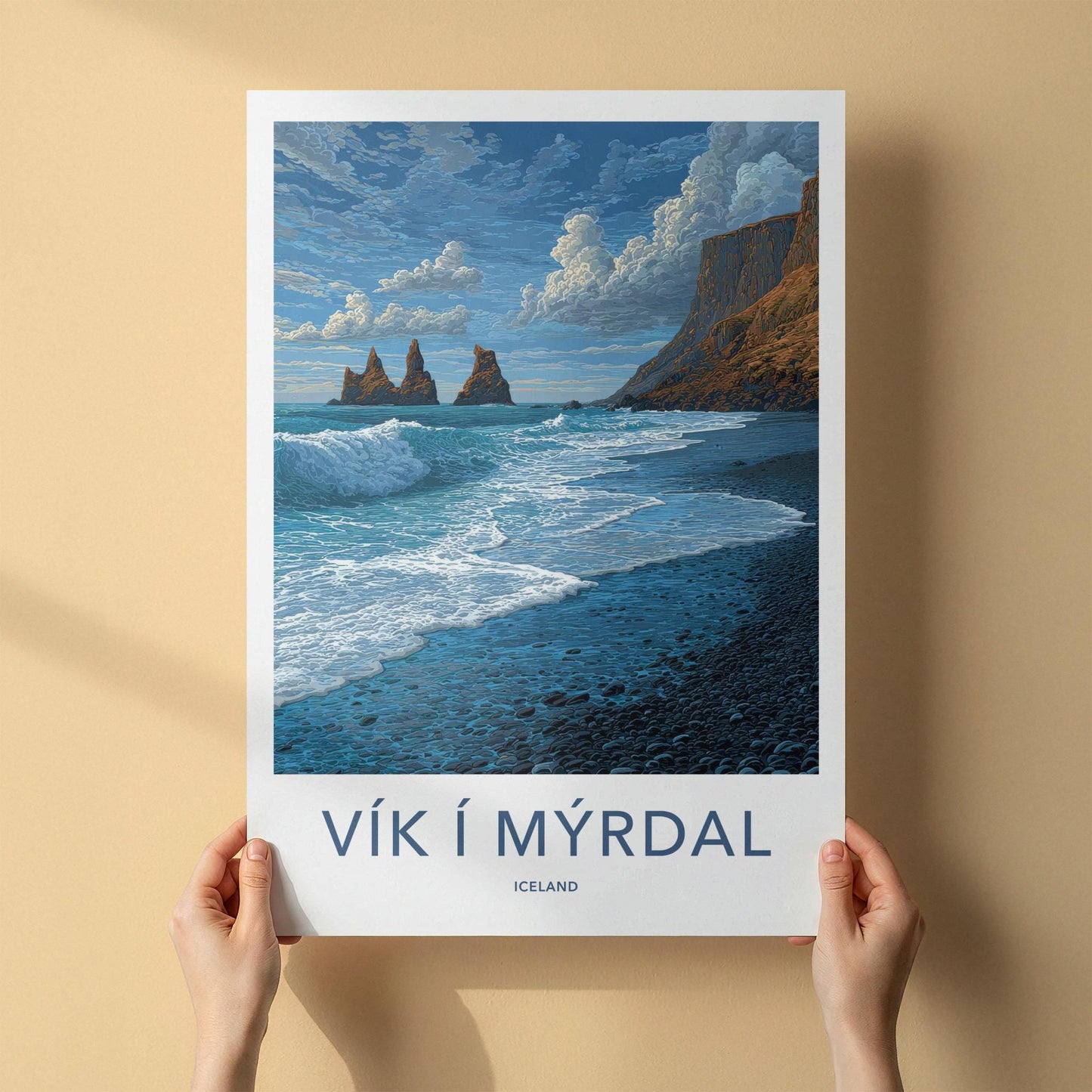 Vik I Myrdal Poster - Iceland Travel Art - Black Beach Sea Stacks Wall Decor