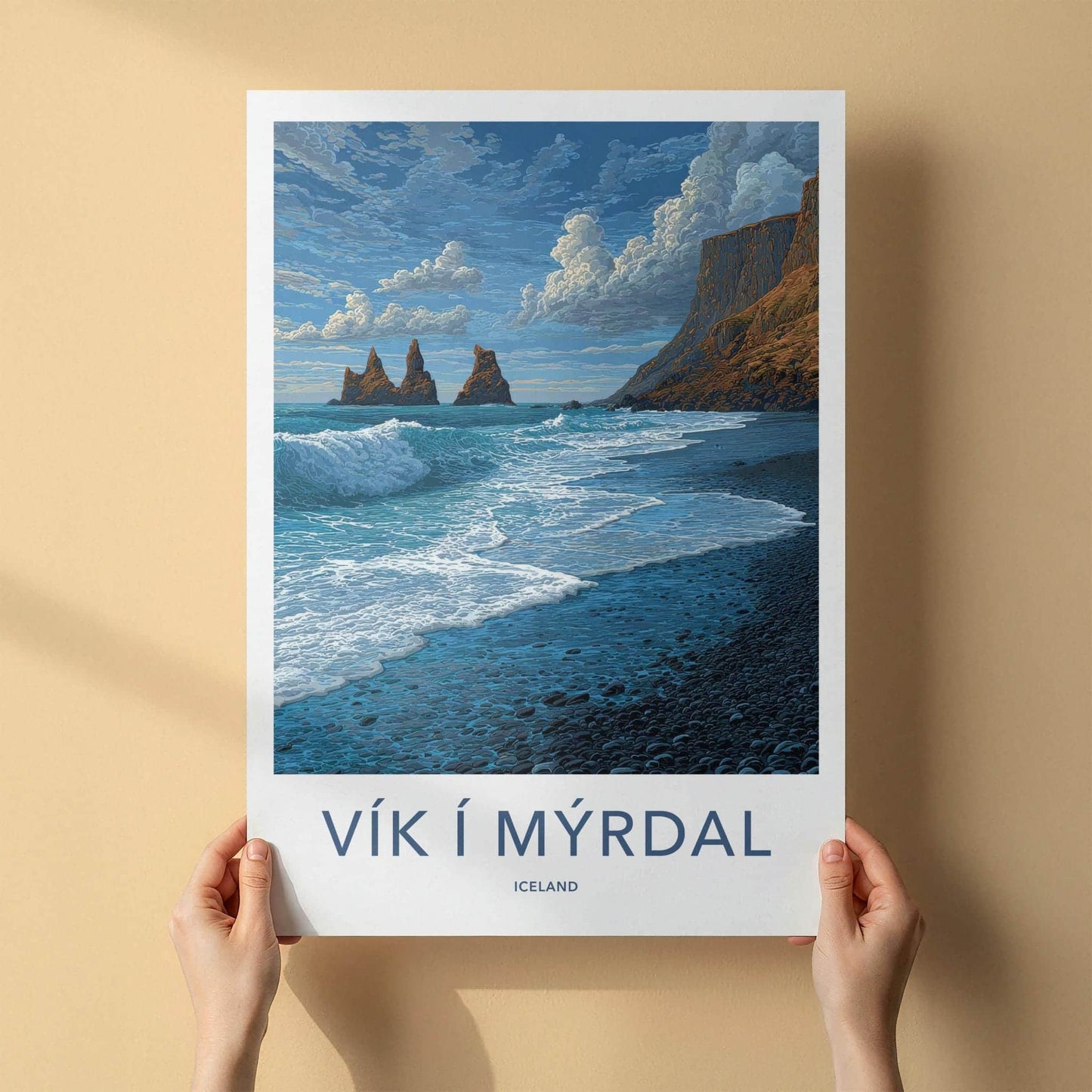 Vik I Myrdal Poster - Iceland Travel Art - Black Beach Sea Stacks Wall Decor