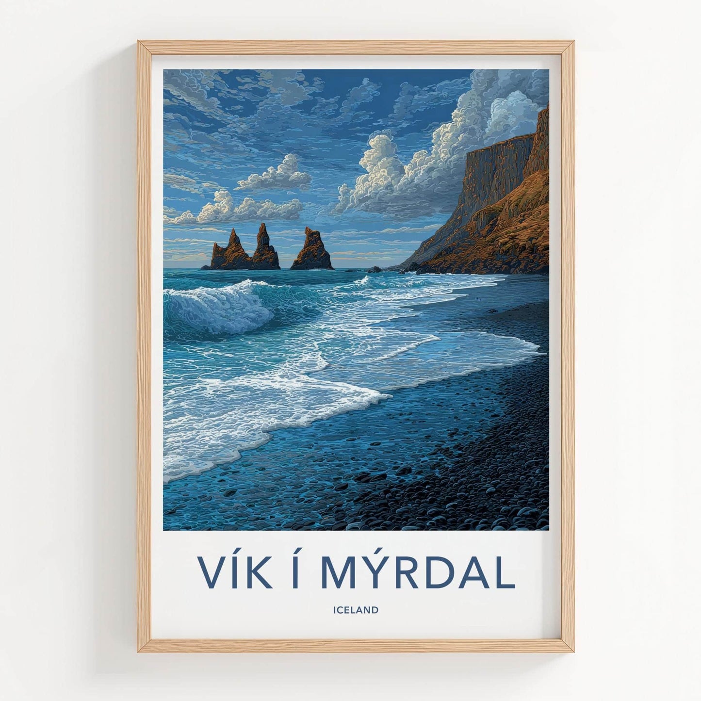 Vik I Myrdal Poster - Iceland Travel Art - Black Beach Sea Stacks Wall Decor