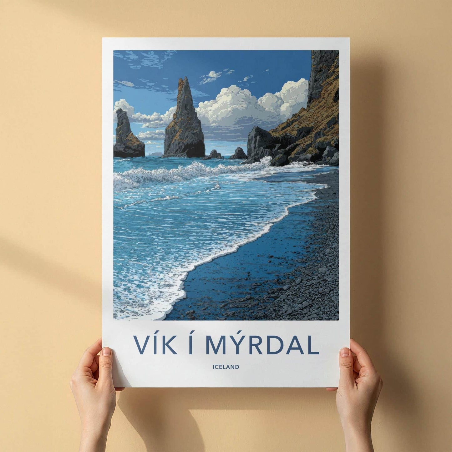 Vik i Myrdal Poster - Iceland Travel Art - Black Sand Sea Stacks Home Decor