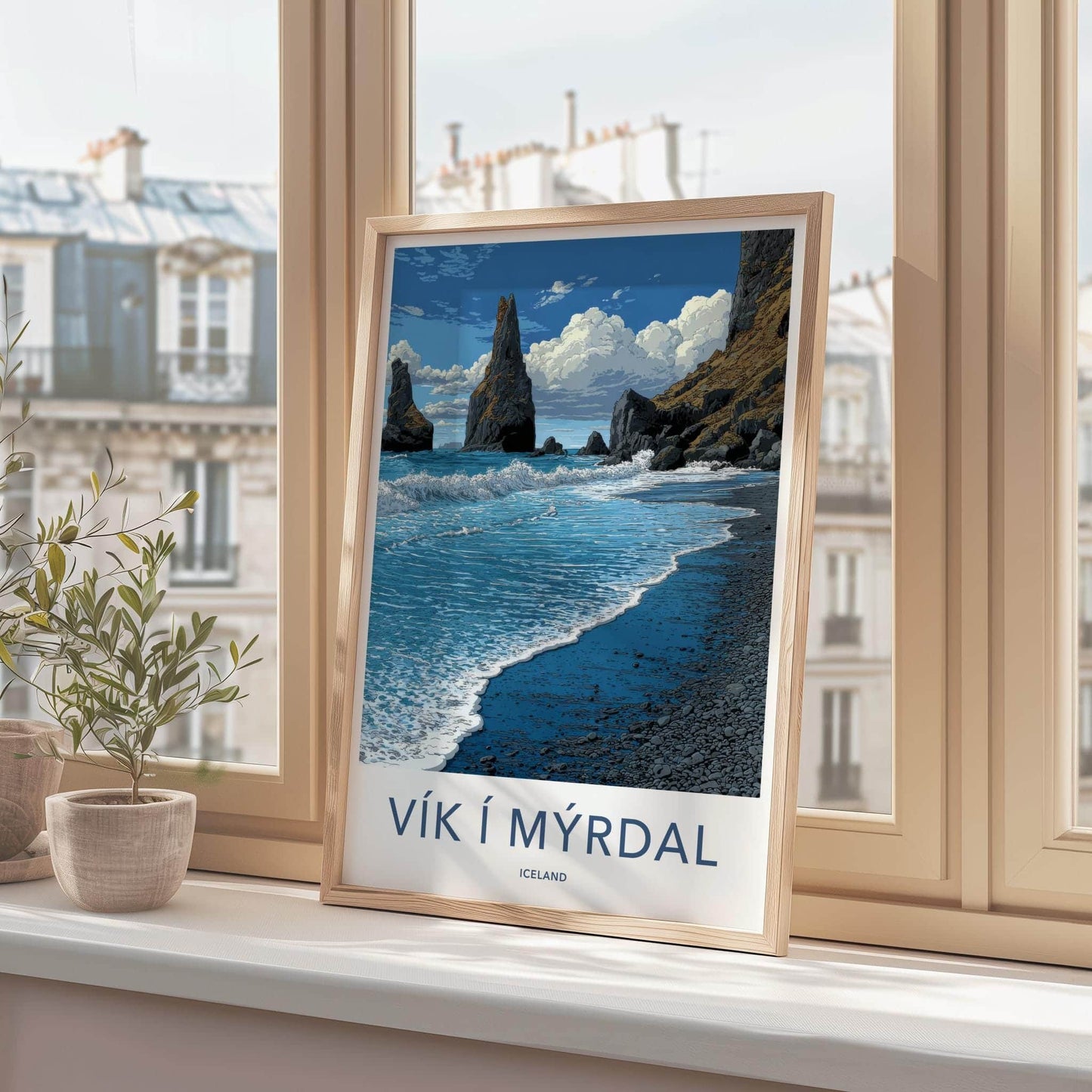 Vik i Myrdal Poster - Iceland Travel Art - Black Sand Sea Stacks Home Decor