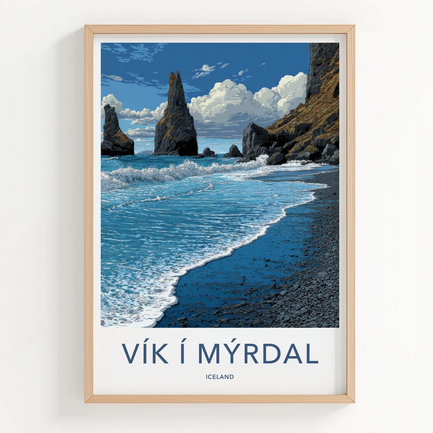 Vik i Myrdal Poster - Iceland Travel Art - Black Sand Sea Stacks Home Decor