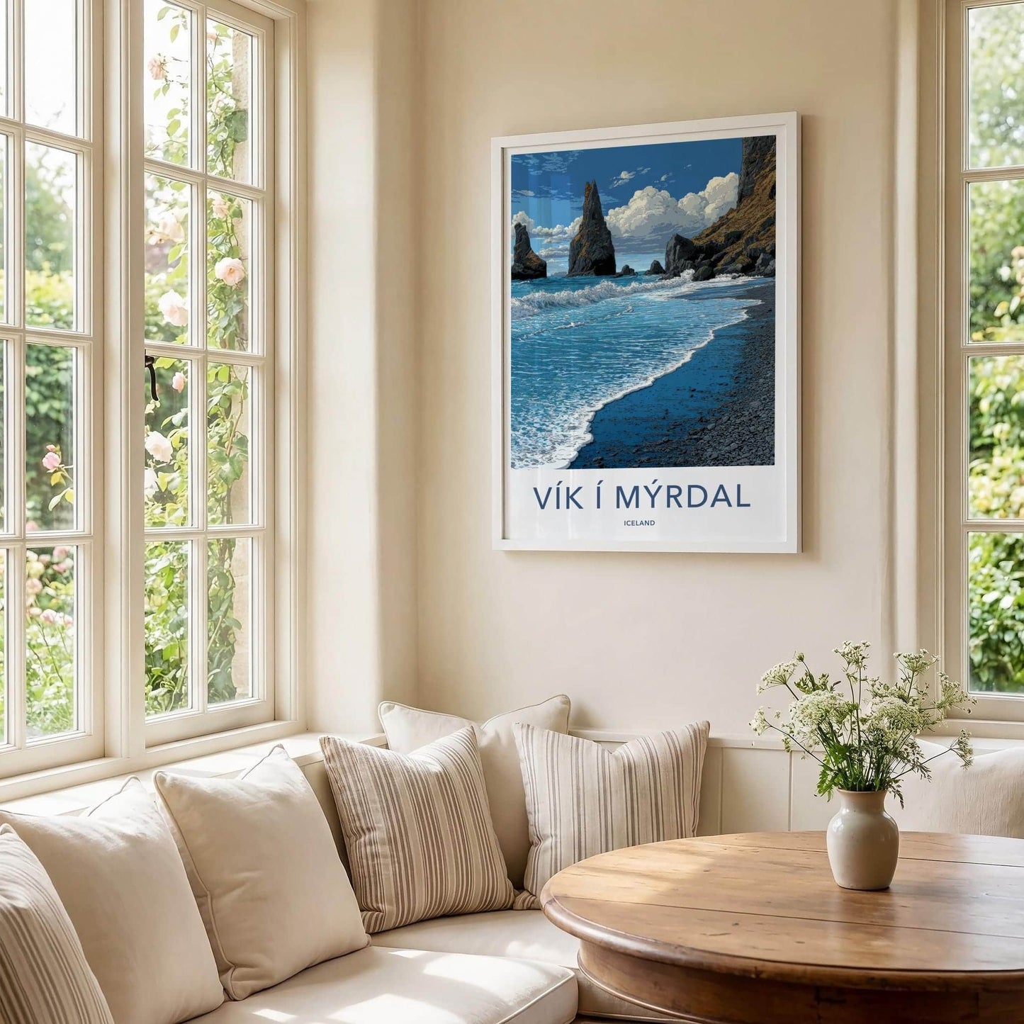 Vik i Myrdal Poster - Iceland Travel Art - Black Sand Sea Stacks Home Decor