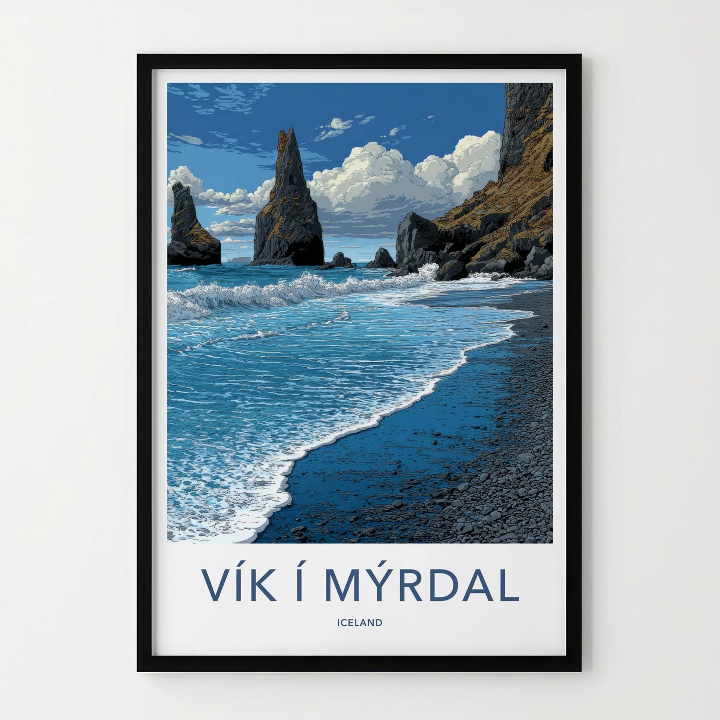 Vik i Myrdal Poster - Iceland Travel Art - Black Sand Sea Stacks Home Decor