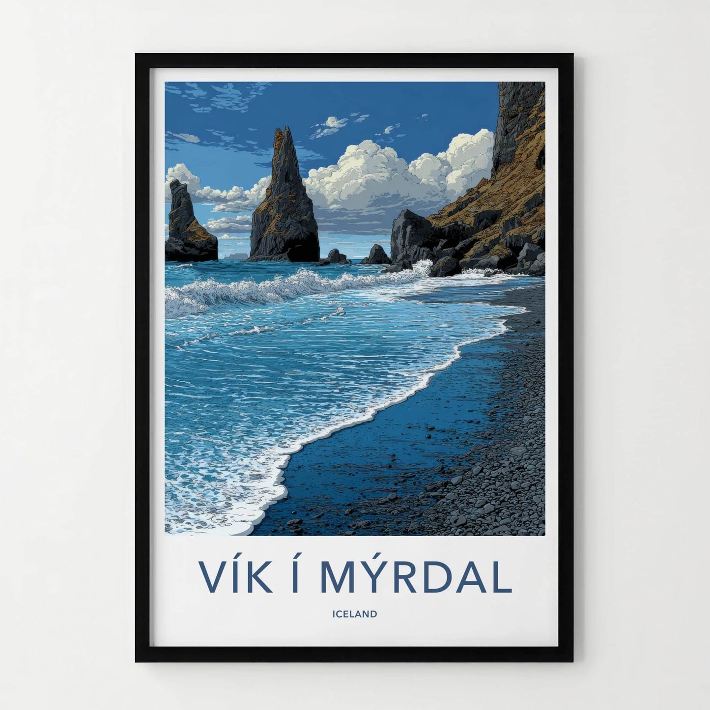 Vik i Myrdal Poster - Iceland Travel Art - Black Sand Sea Stacks Home Decor