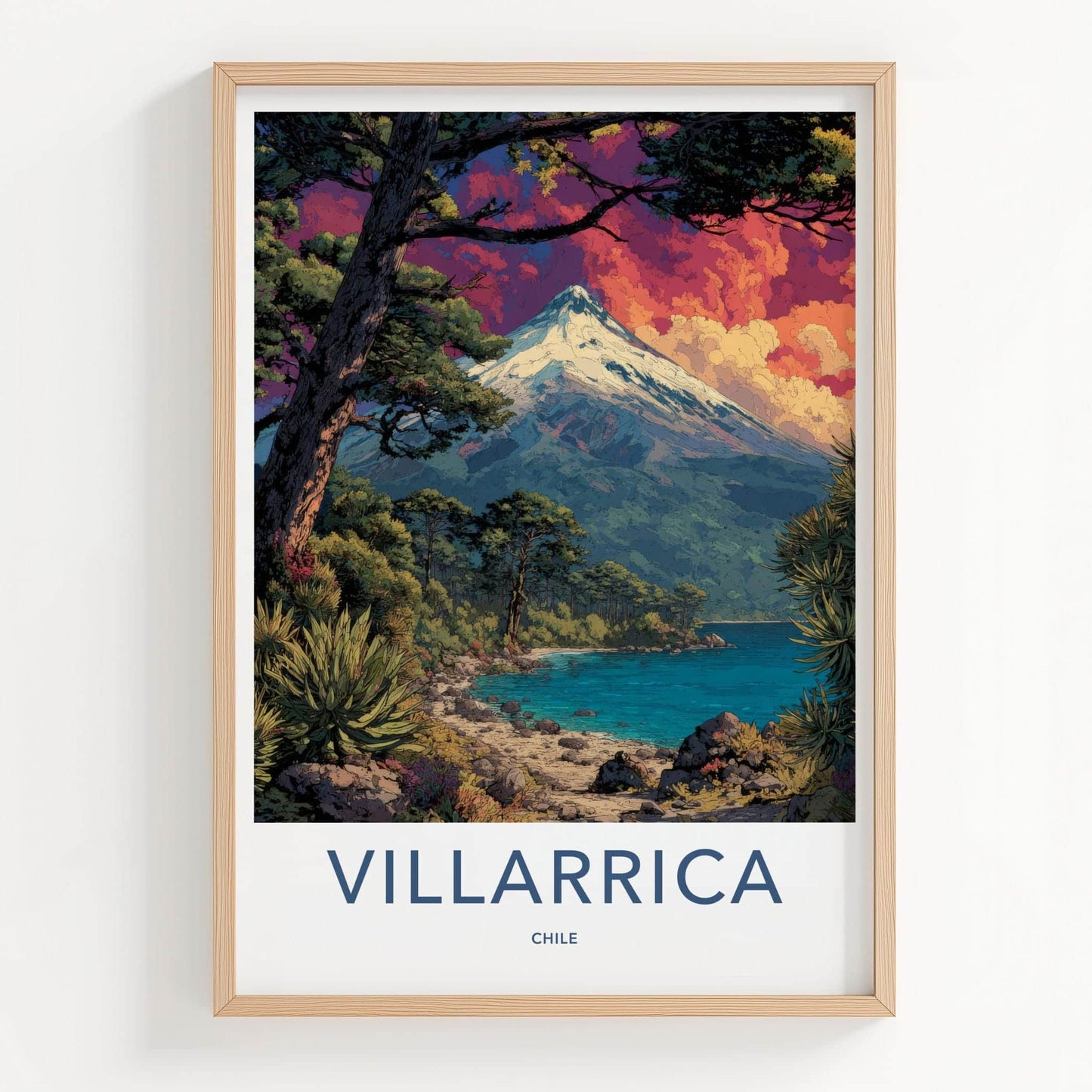 Villarrica Poster - Chile Travel Art - Snow Capped Volcano Home Decor