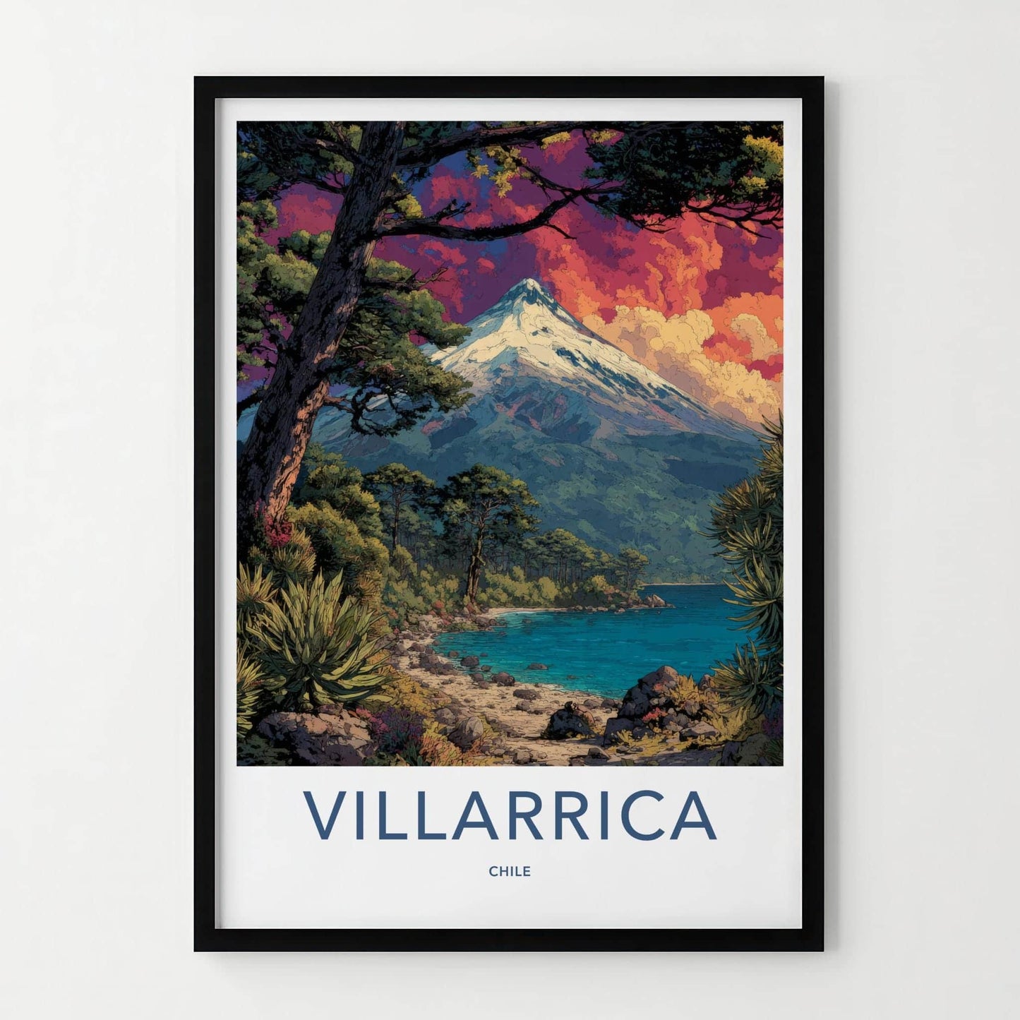 Villarrica Poster - Chile Travel Art - Snow Capped Volcano Home Decor